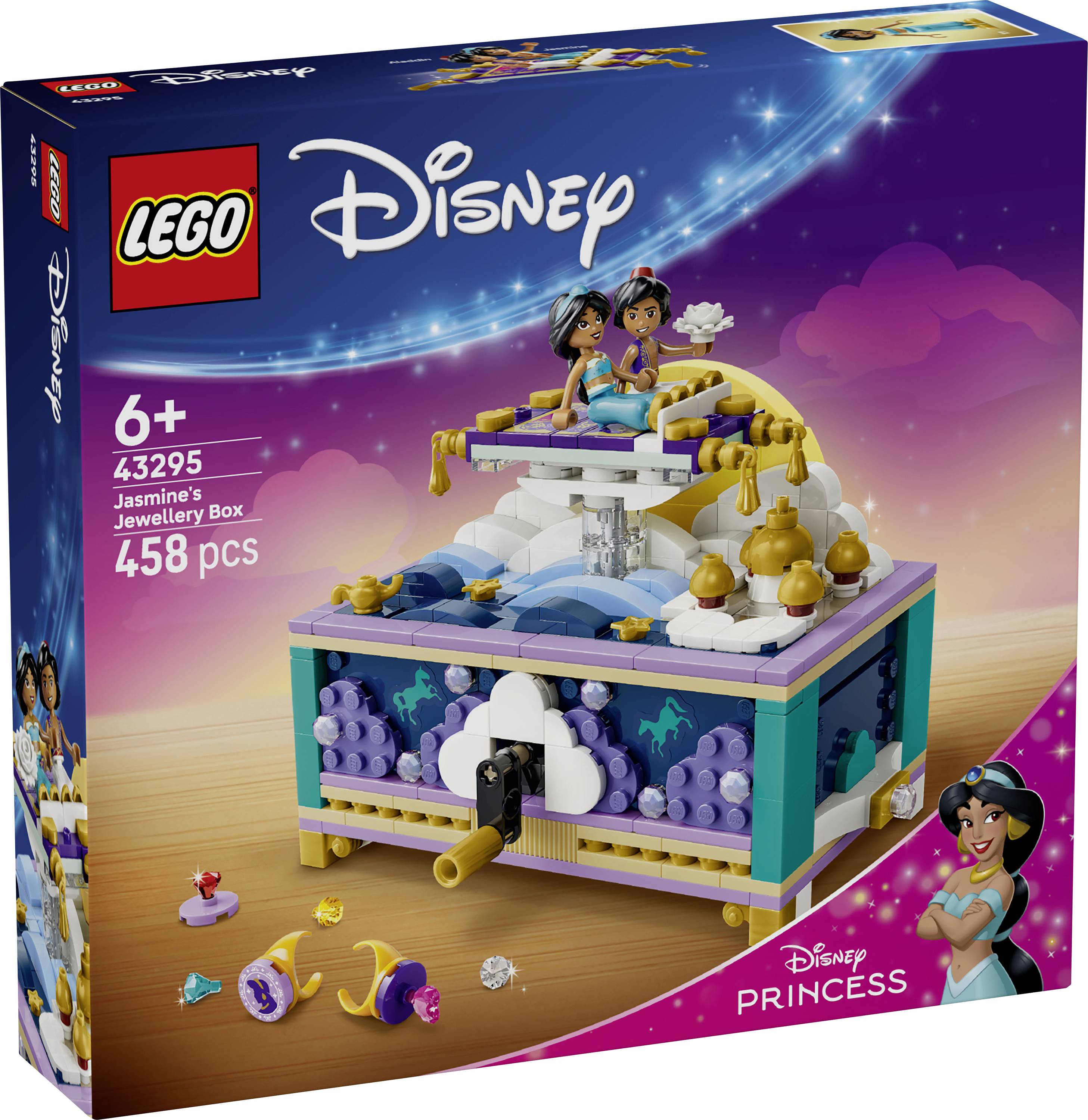 LEGO Disney Jasminina šperkovnice - krabicová grafika sady zobrazující stavitelnou šperkovnici s Jasmine a dalším postavou na vrcholu, 458 dílků, věk 6+