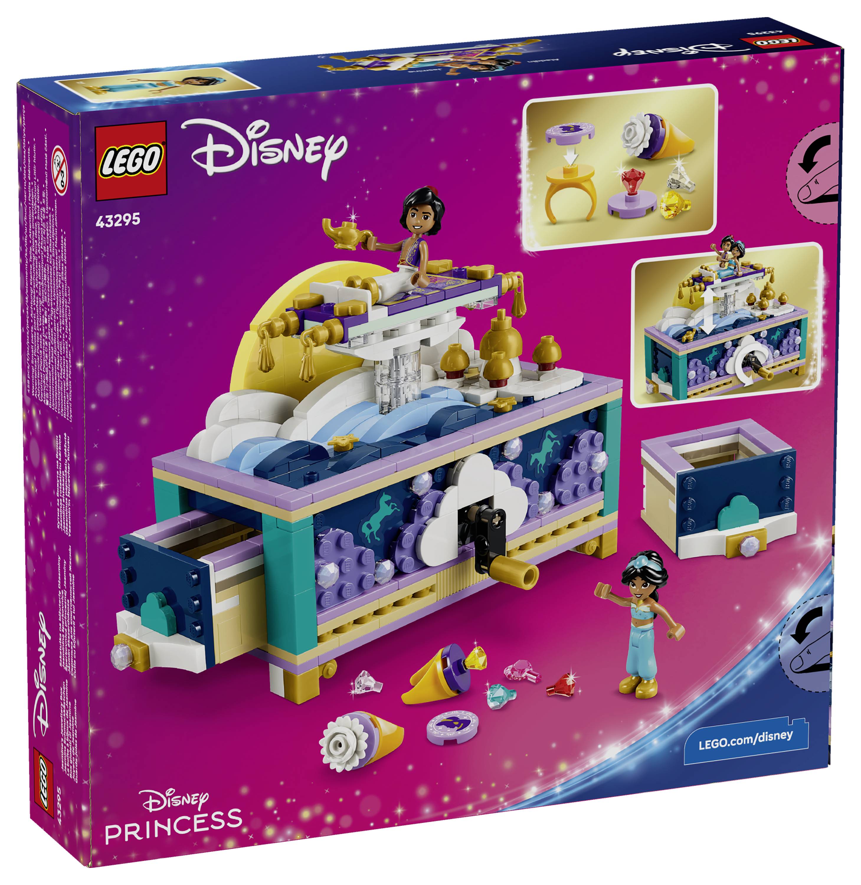 LEGO Disney Princess sada 43295 obalová grafika zobrazující barevný stavitelný pokladní truhel s minipanenkami a příslušenstvím, plus vložená zobrazení modelu a dílků.