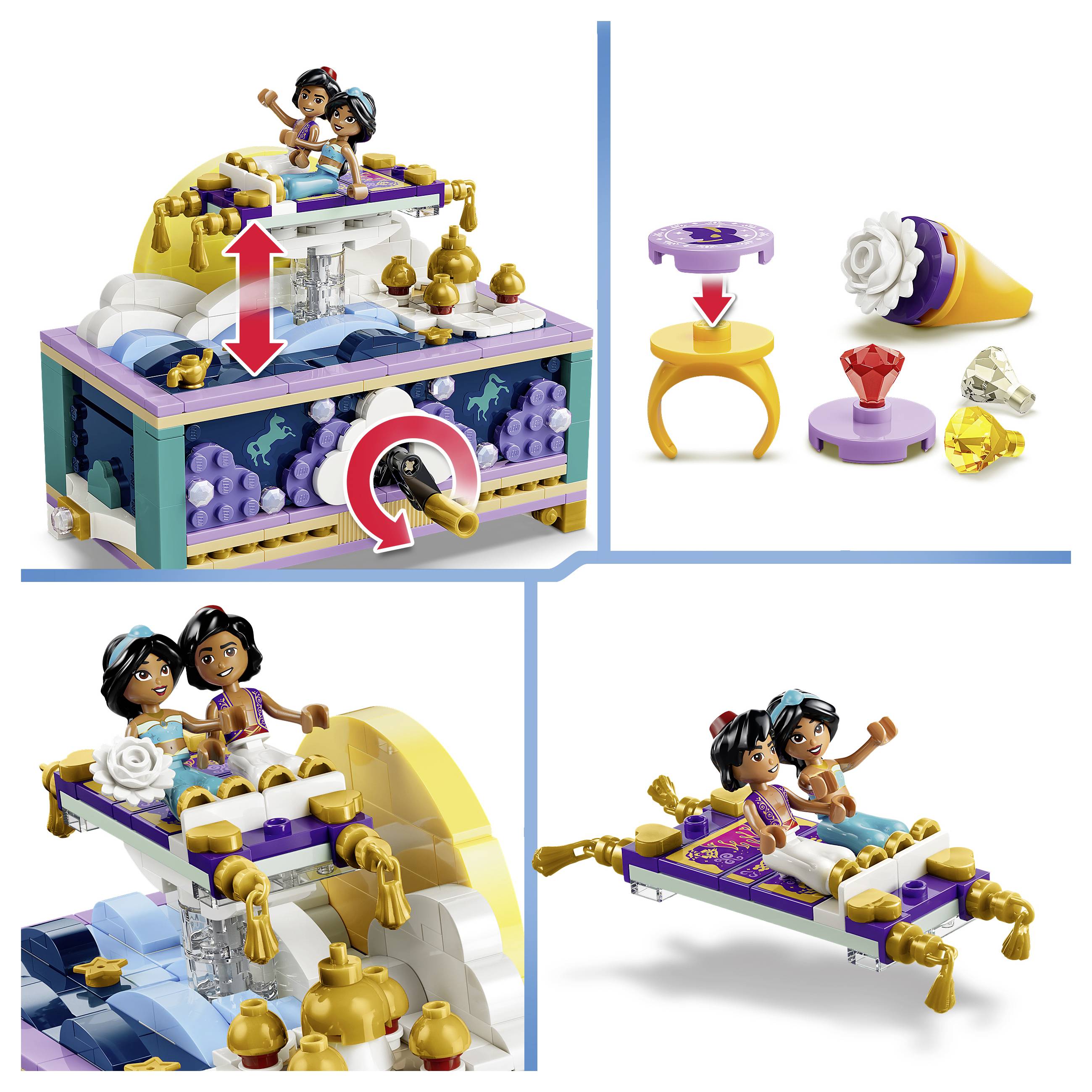 Ilustrované stavební pokyny ve stylu LEGO pro sadu s tématikou džina a létajícího koberce, která zobrazuje kroky montáže, části s prstencem a drahokamem a hotový model se dvěma figurkami.