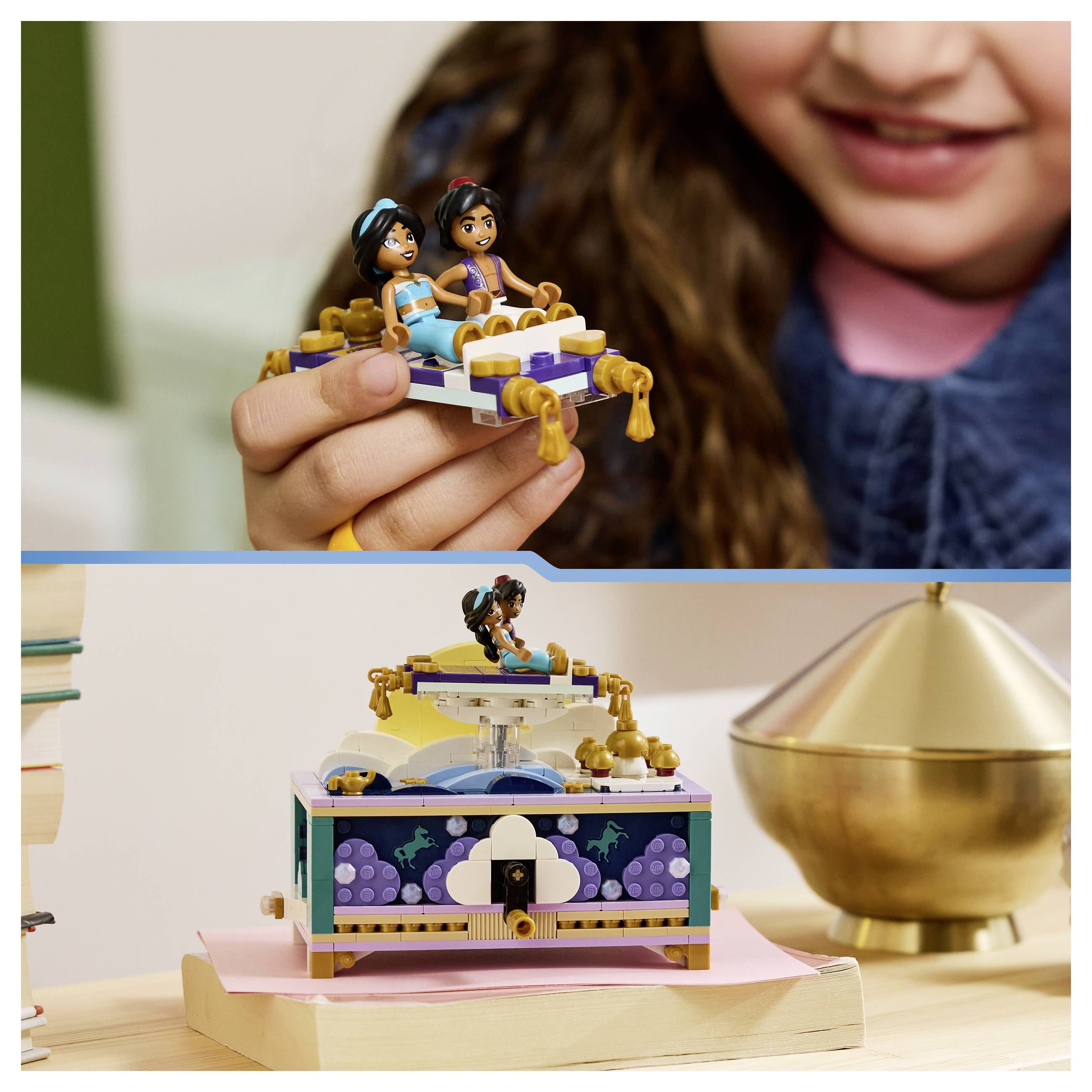 Dítě drží malou LEGO-style hračku Aladdina a Jasmíny na létajícím koberci; níže leží hotová souprava na stole.