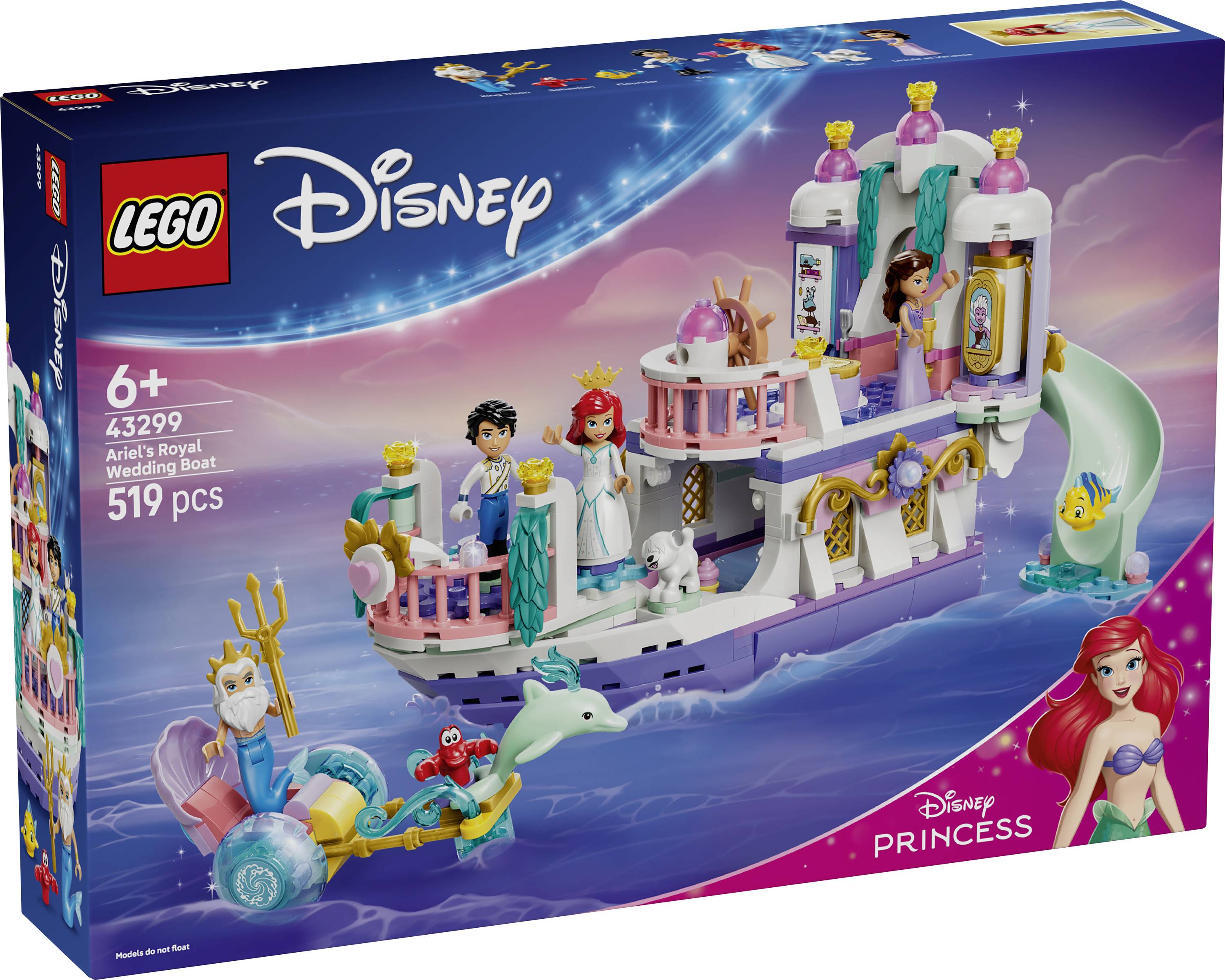 Sada LEGO Disney Princess Arielka královská svatební loď se skříňkou znázorňující zdobenou loď s Arielkou, princem Erikem, Floundetem, Sebastiánem a dalšími figurkami; 519 dílů, věk 6+