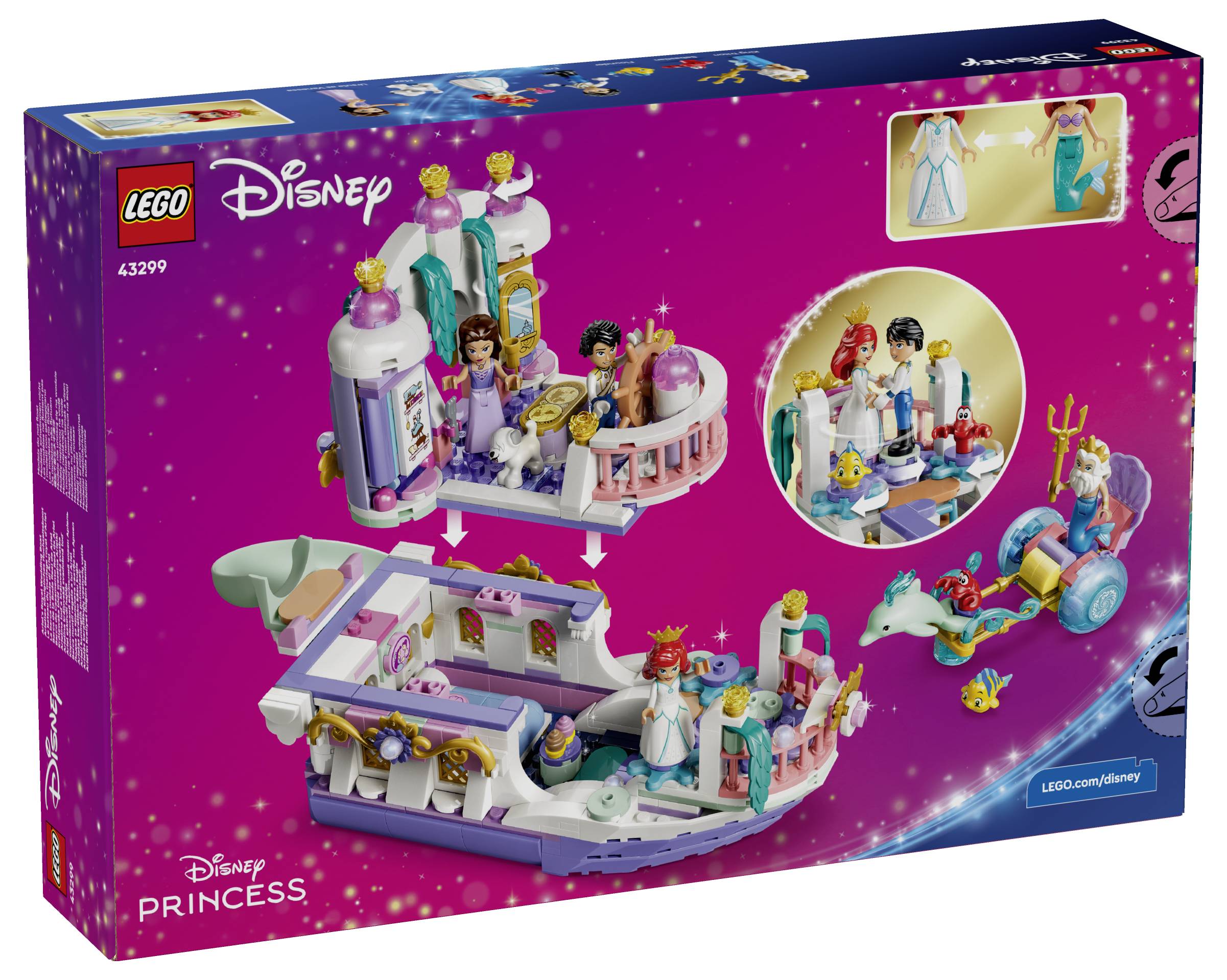 LEGO Disney Princess sada hraček zobrazující fialově zbarvenou sadu na téma princezen s miniaturními figurkami, lodí, kočárem a doplňky; obsahuje značku Disney Princess a číslo sady 43299.