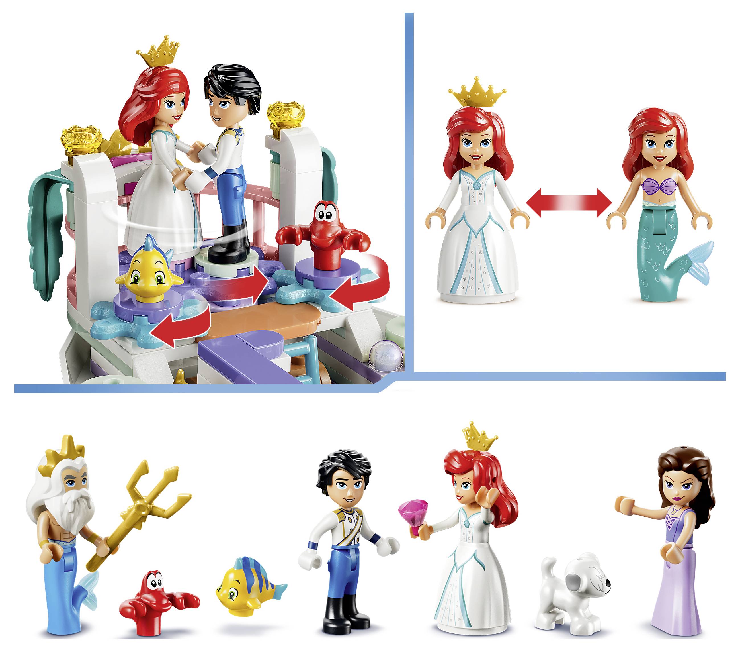 Sada Disney Princezna LEGO zobrazující Ariel, prince Erika a další postavy na rotující hrací platformě; obsahuje vyměnitelnou figurku Ariel v šatech nebo tvaru mořské panny a několik minifigurek.