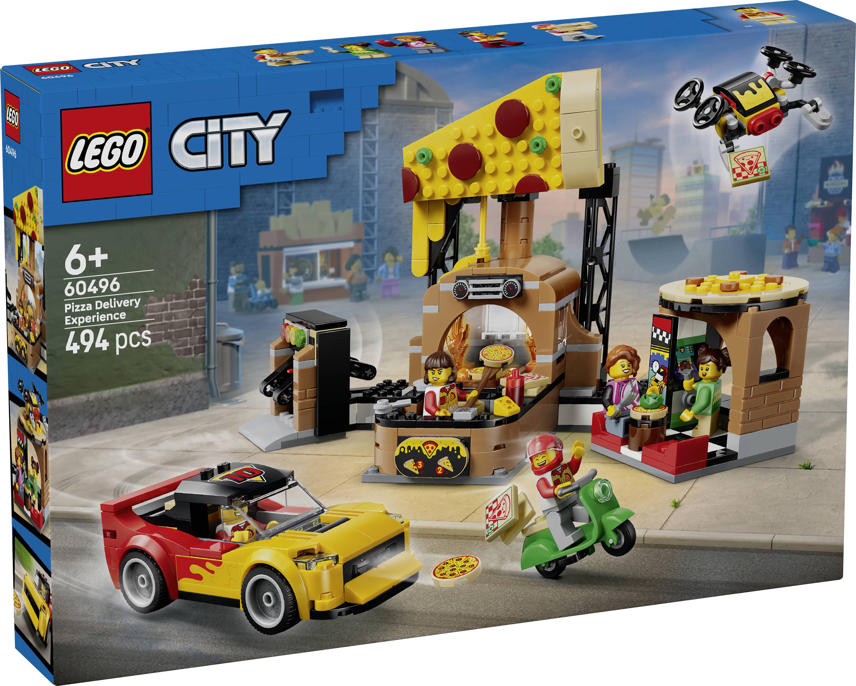 Sada LEGO City Pizza Delivery Escape se krabicí zobrazující scénu pizzerie s minifigurkami, sportovním autem, skútrem a doručovacím dronem; 60496, věk 6+, 494 dílků.