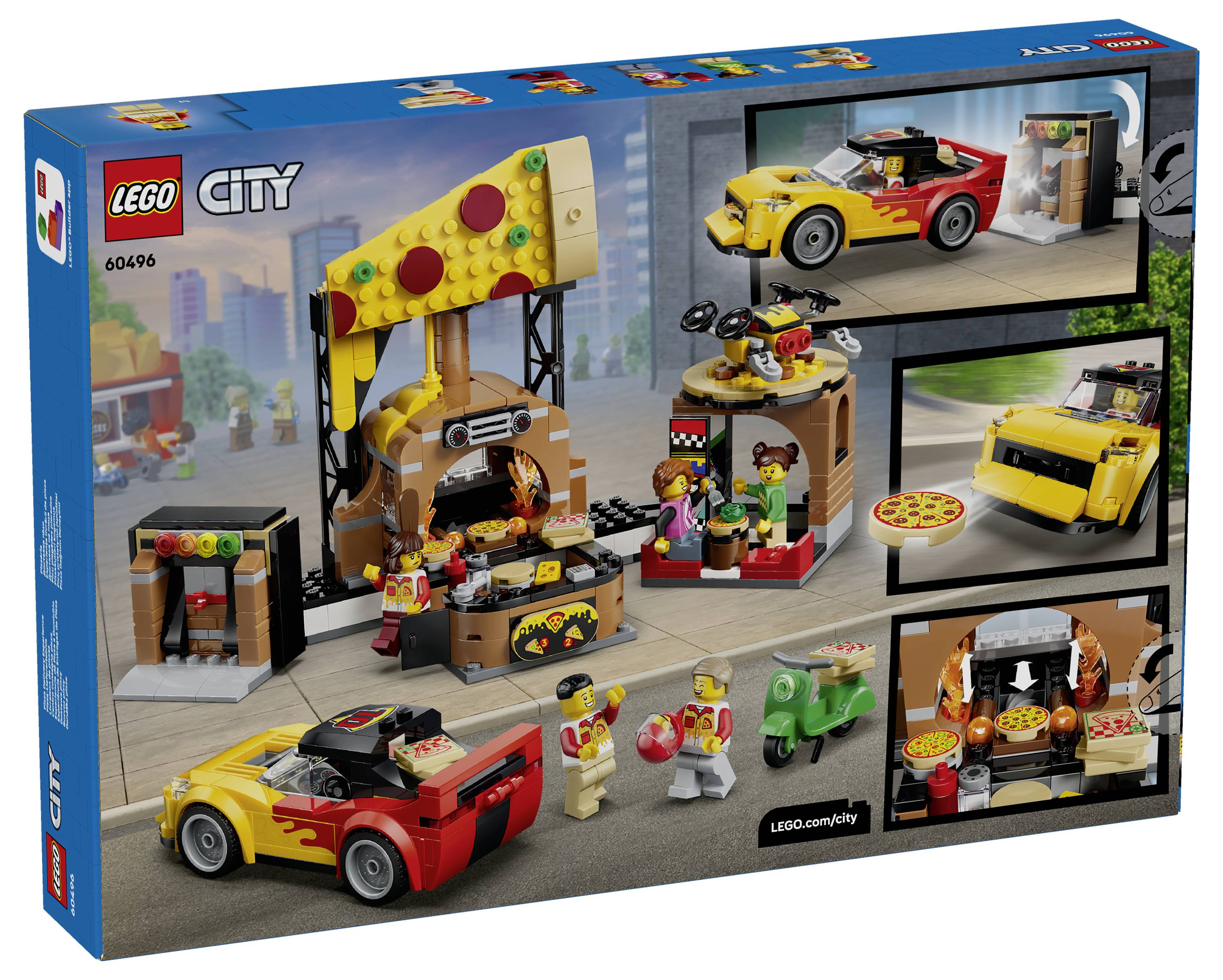 LEGO City sada pro doručování pizzy zobrazující pizzu, pec, minifigurky, skútr a tři panely se scénami akcí.