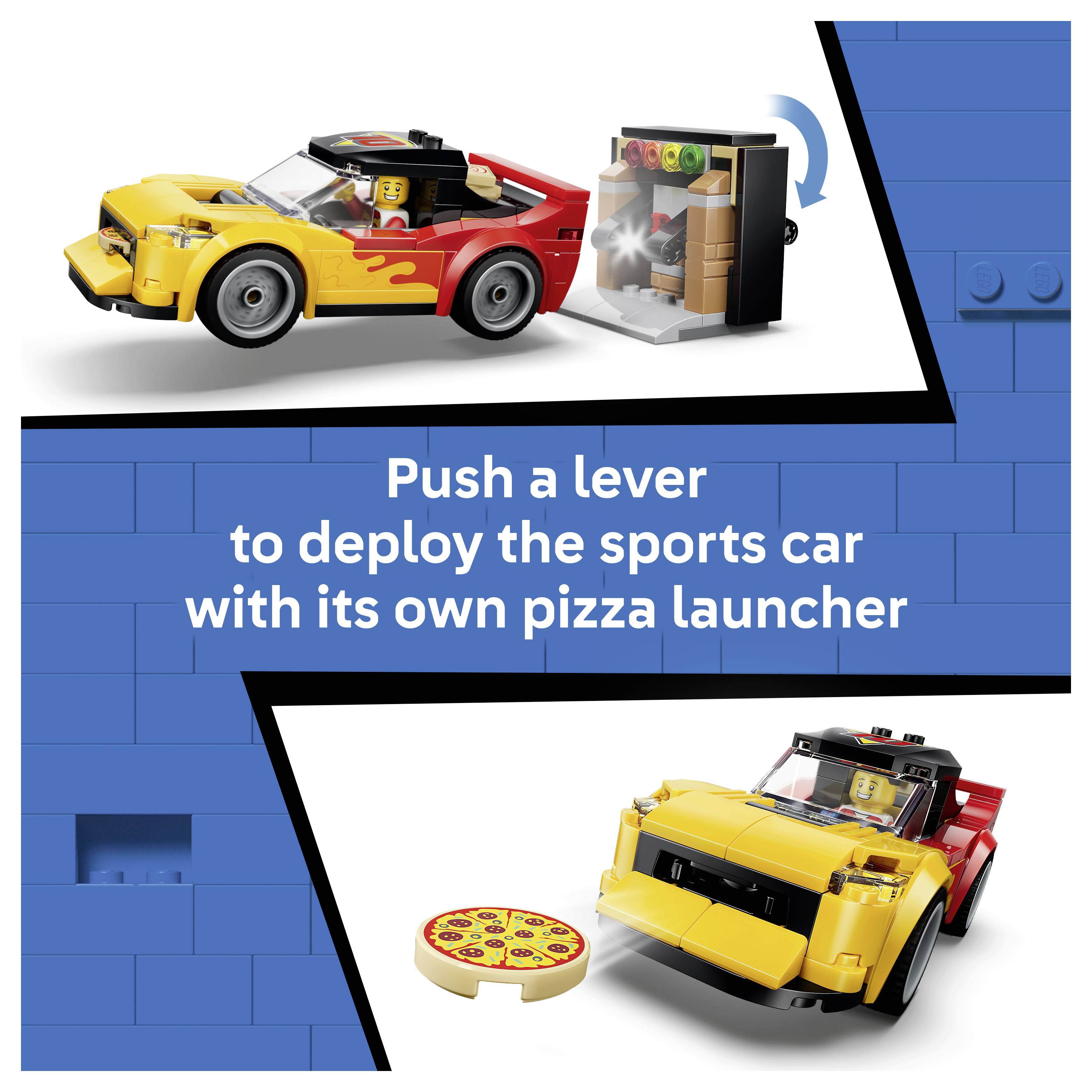 Lego sportovní auto se zabudovaným vrhačem pizzy; text zní „Stiskni páčku a vyvolej sportovní auto s vlastním vrhačem pizzy".