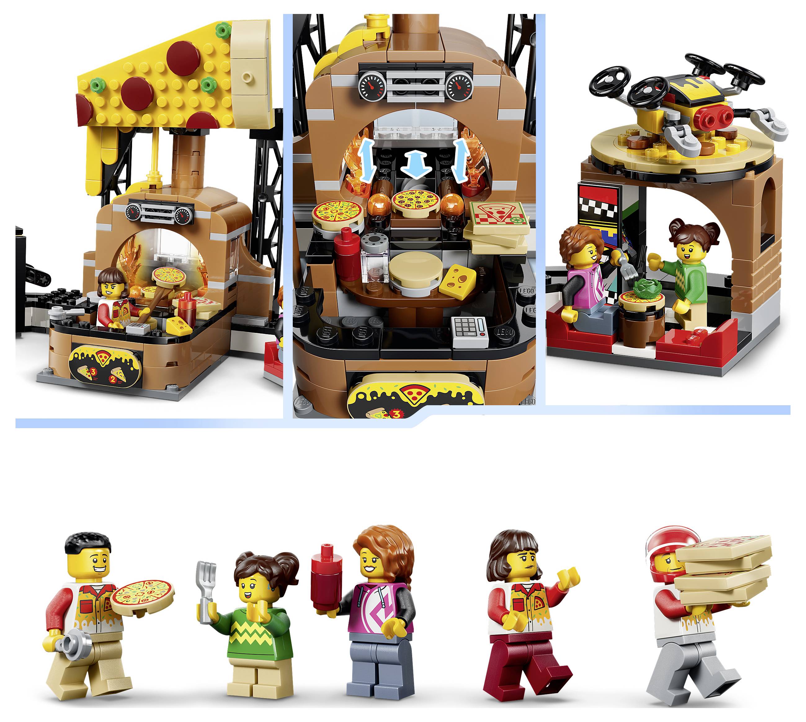 LEGO souprava pizzerie s vozem/stánkem a minifigurkami, zobrazená ze tří úhlů pohledu shora a jednotlivé postavy níže.