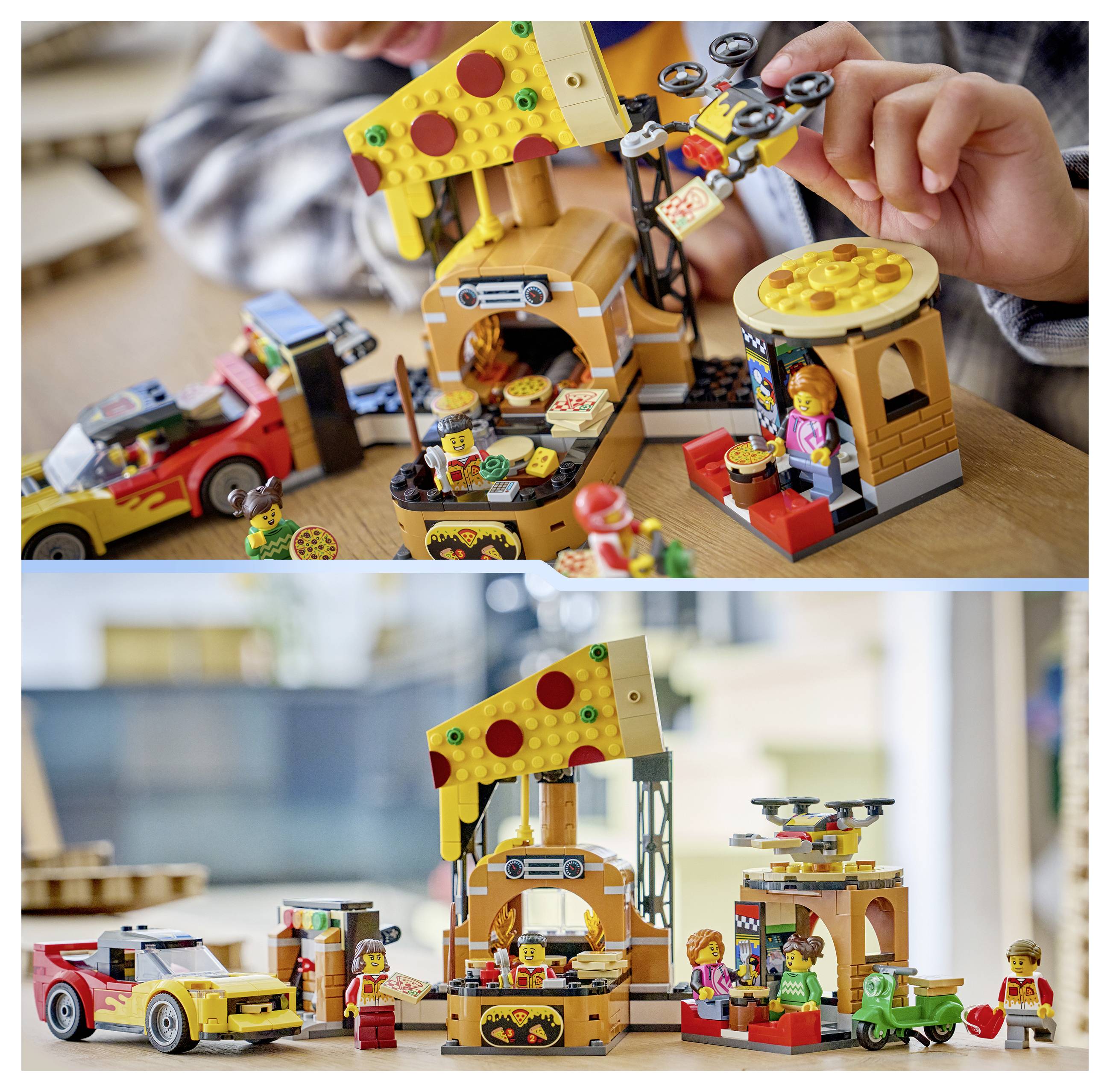Dvoupanelový obrázek dítěte hrající si se stavebnicí LEGO pizza stand a auto set, ukazující sestavenou scénu hračky a detailní záběr rukou uspořádávajících díly.