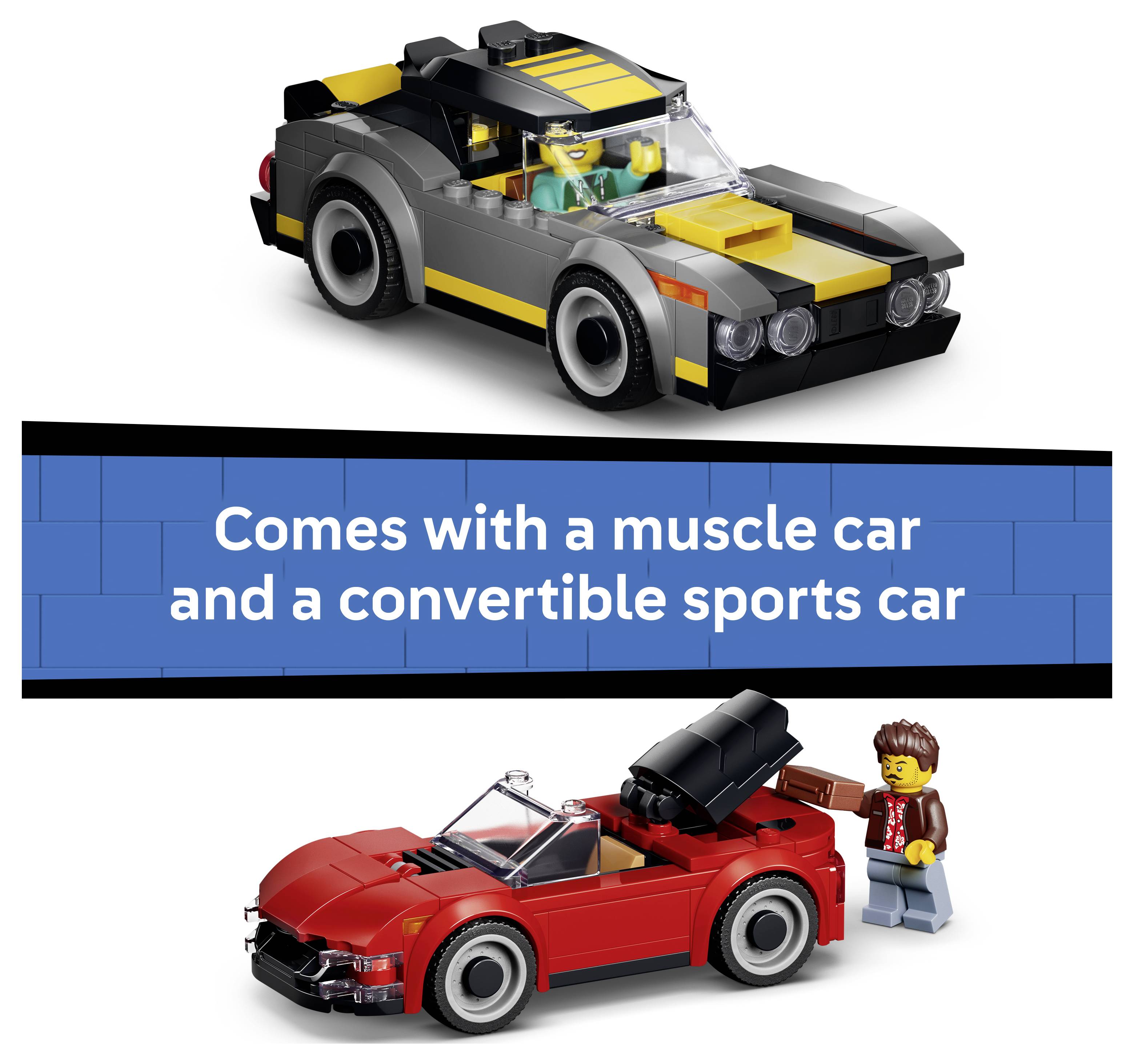 Reklama LEGO s černým sportovním autem a červeným kabriolétem s figurkou; text zní: „Součástí balení je svalnaté auto a sportovní kabrioleт."
