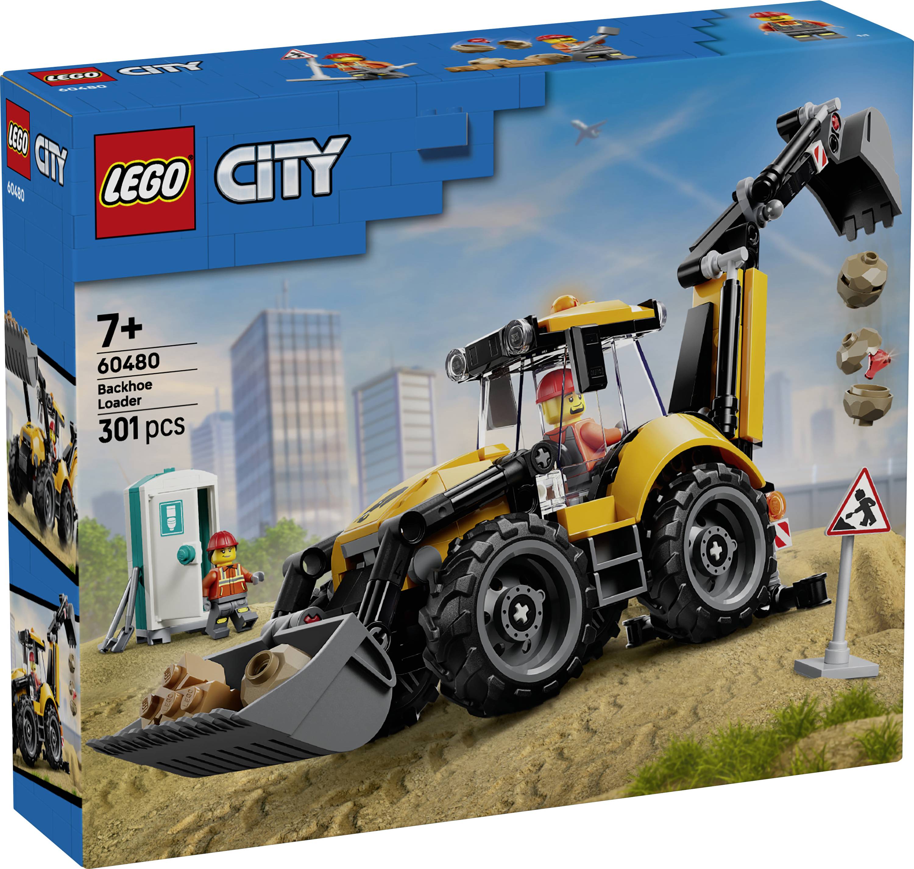 LEGO City Bagr s přední lžící stavebnicový set, věk 7+, 60480, 301 dílů, znázorňující žlutý stavební stroj a pracovníka na stavbě.