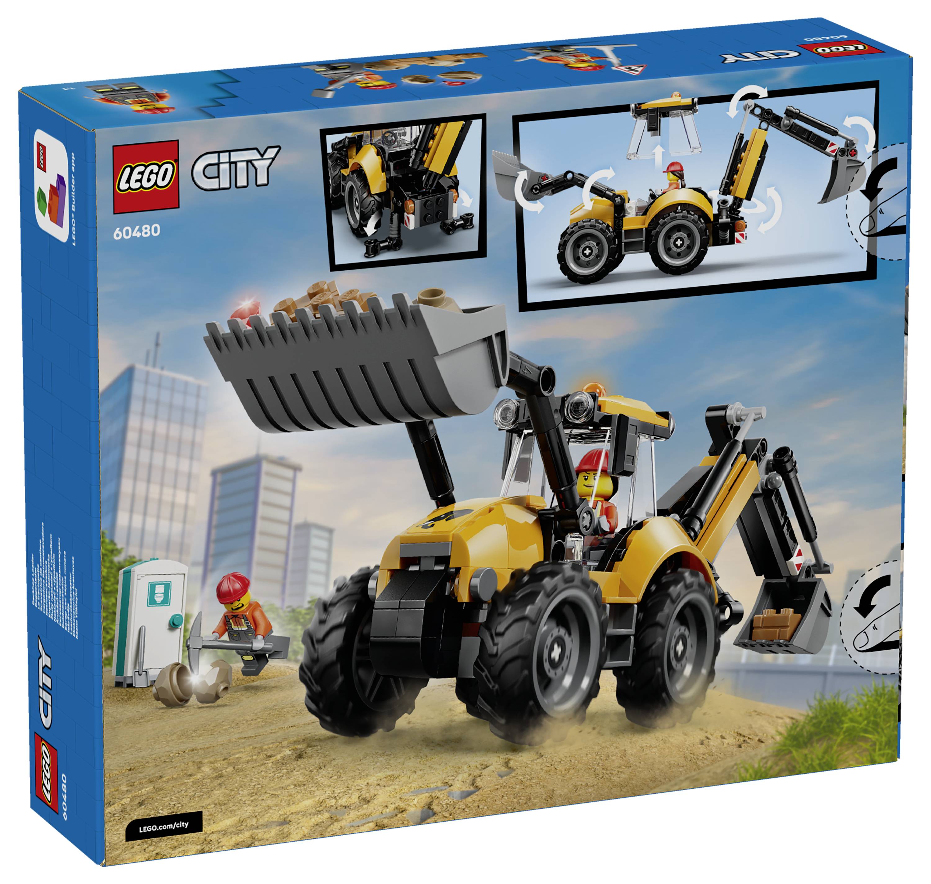 Krabice LEGO City s bagrem pro stavební hračku, na které je vidět žlutý stroj a minifigurky na staveniště.
