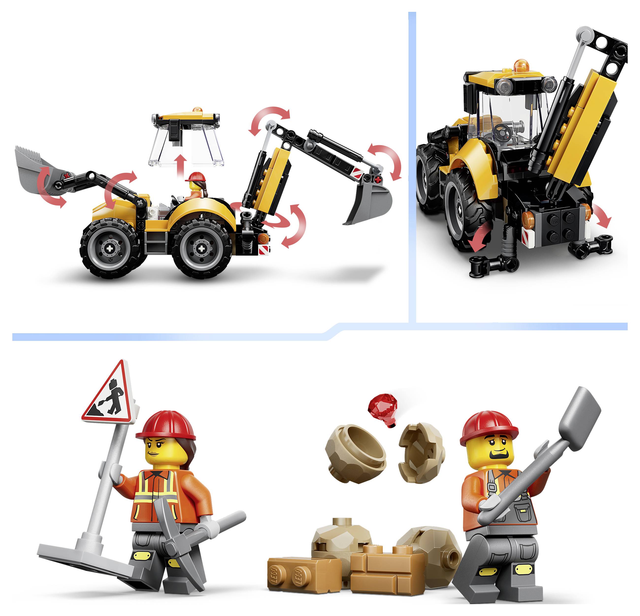 LEGO-style bagr s kolmým nakládačem v podobě hračky zobrazený v několika polohách s pohyblivou lžící a ramenem, plus dva figurky stavbyních dělníků LEGO manipulující s nástroji a troskami.