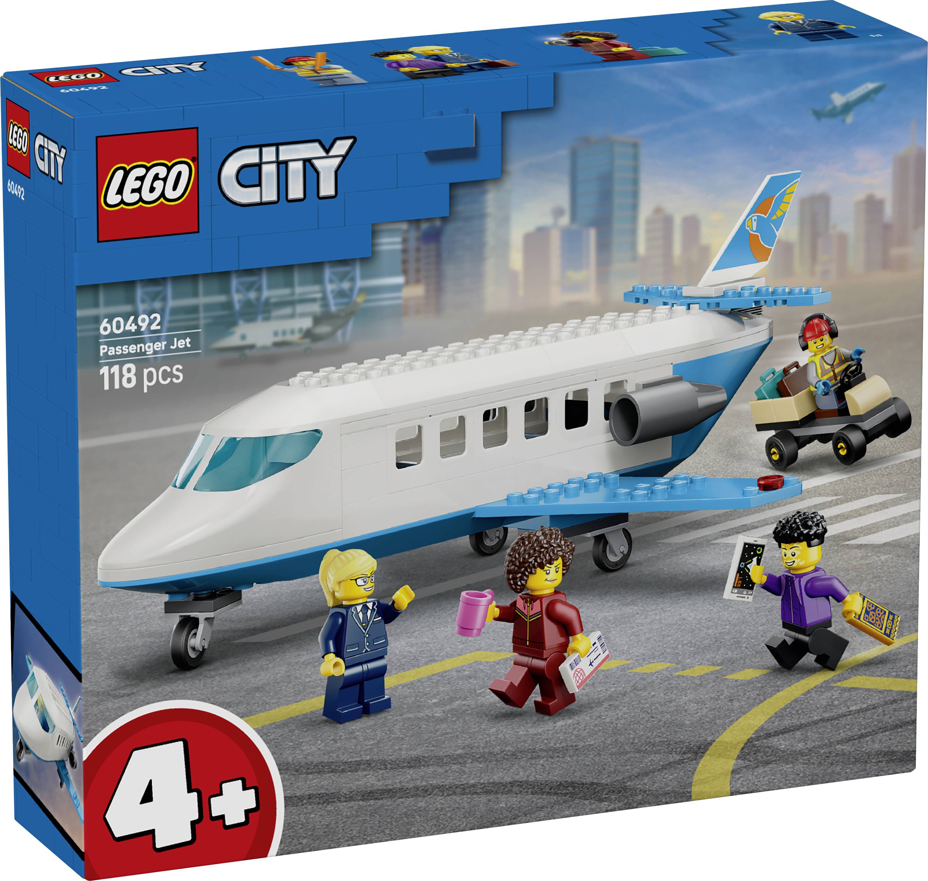 Sada LEGO City Passengérský tryskový letoun, krabice sady zobrazující bílkavý letoun, čtyři minifigurky, sada 60492, 118 kusů, pro věk 4+.