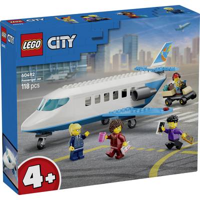 Sada LEGO City Passengérský tryskový letoun, krabice sady zobrazující bílkavý letoun, čtyři minifigurky, sada 60492, 118 kusů, pro věk 4+.