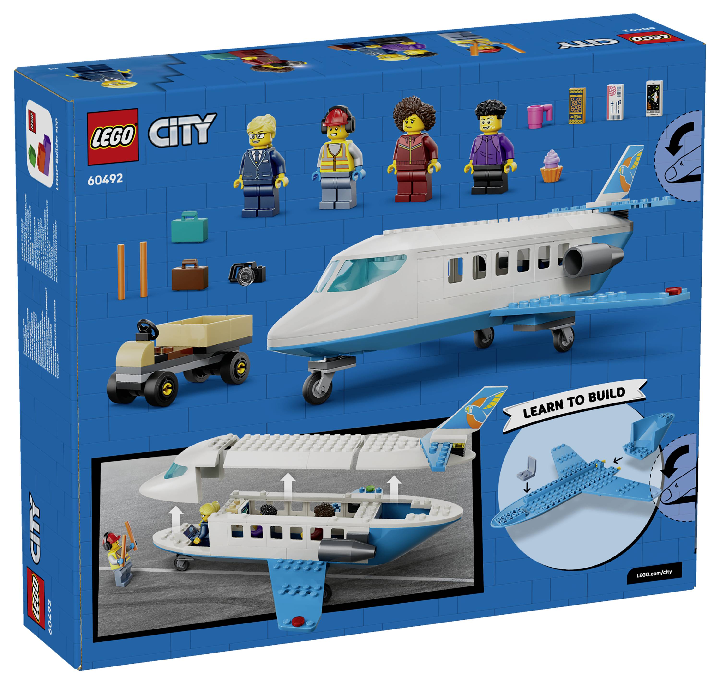 LEGO City Letiště Osobní letadlo sada v krabici, která zobrazuje bílý tryskový letoun, vozík na zavazadla a minifigurky s vloženým polem 'Naučte se stavět'.