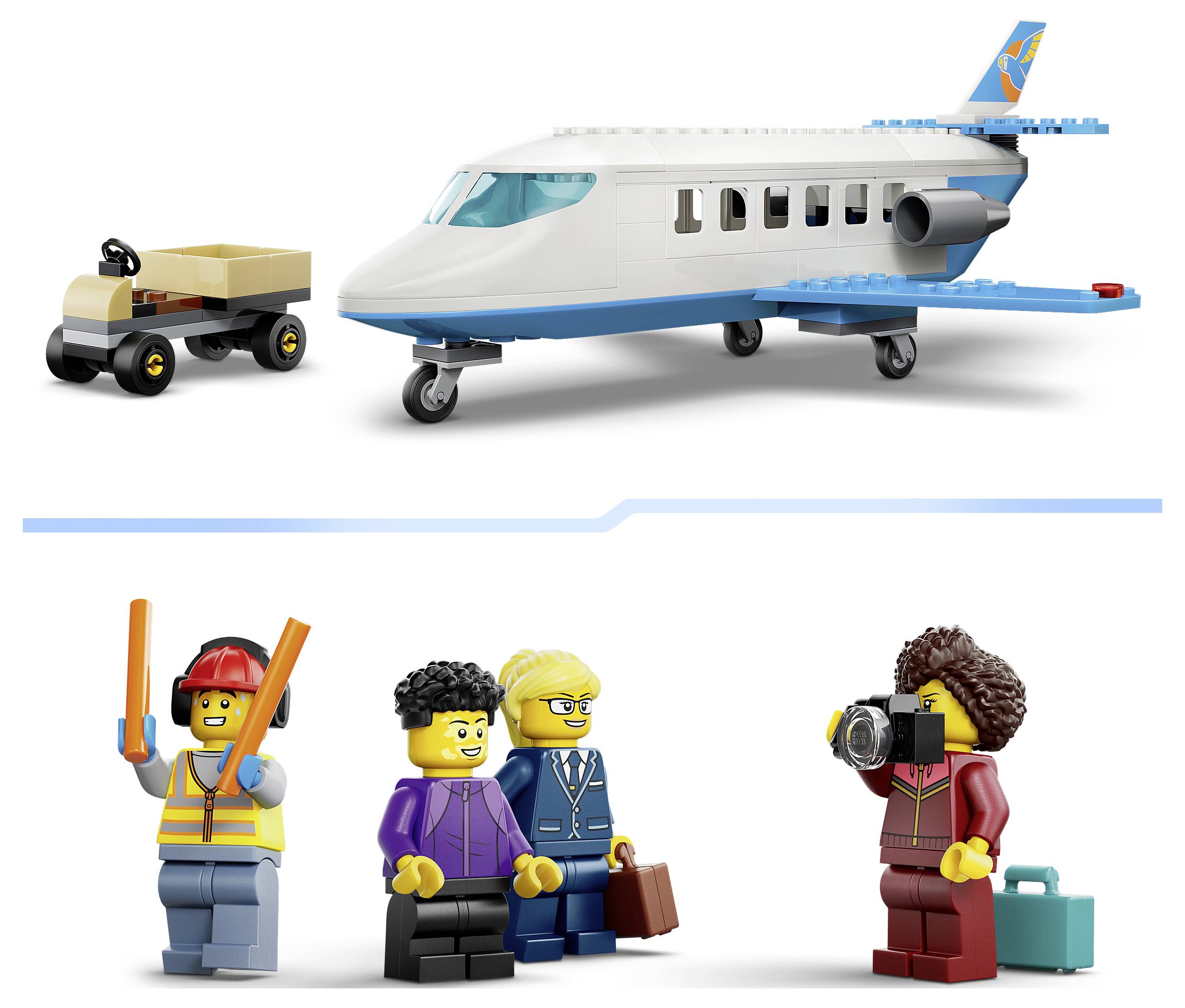 Scéna LEGO letiště s malým cestovním letadlem a vozíkem s zavazadly nad čarou a třemi lidmi pod ní: pracovník na zemi dirigující, dva cestující s kufry a fotograf