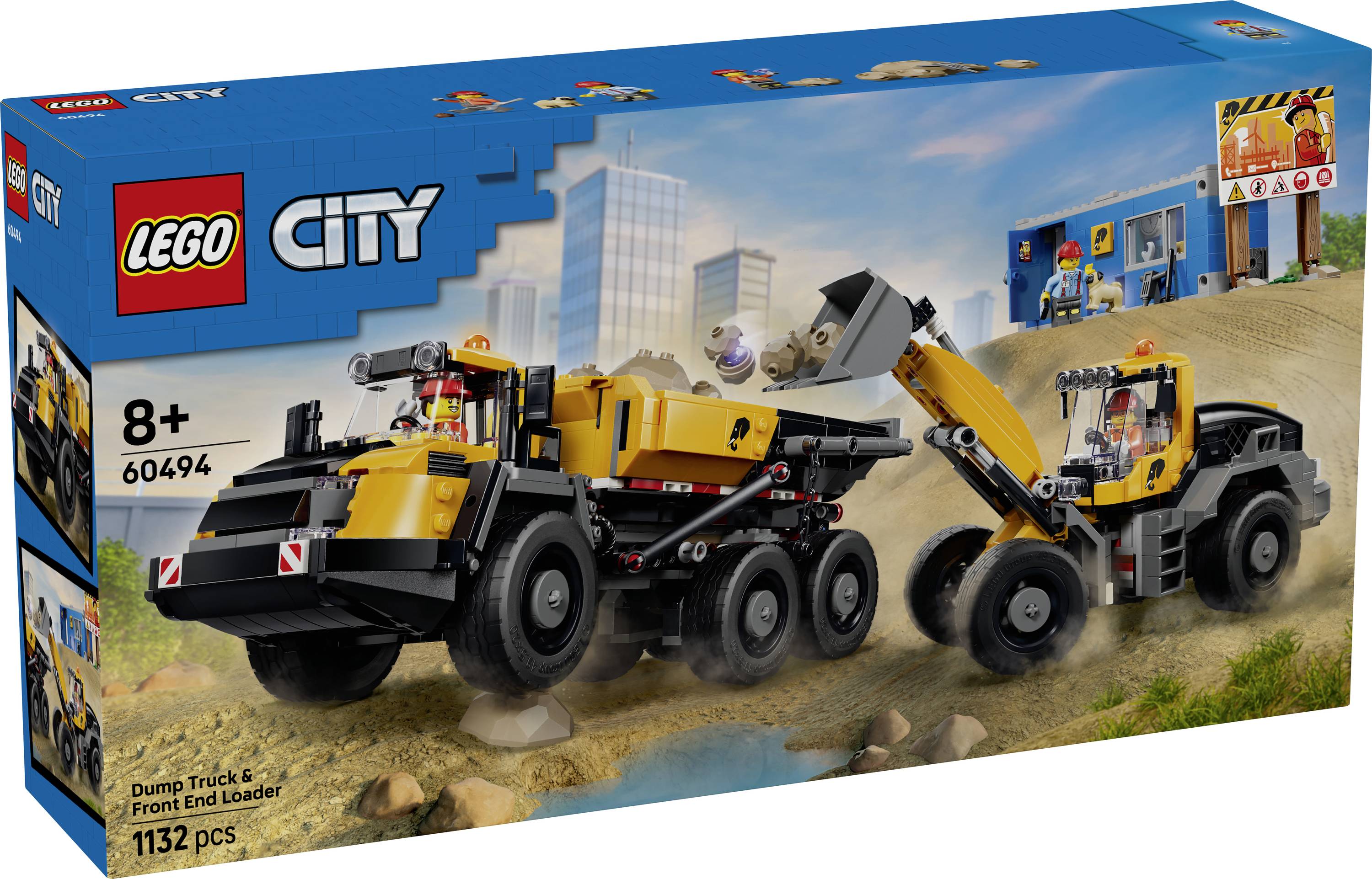 LEGO City Dumpingový náklaďák a čelní nakladač stavebnice, krabicová grafika zobrazující náklaďák, nakladač a scénu staveniště; 8+ let a 1132 dílů