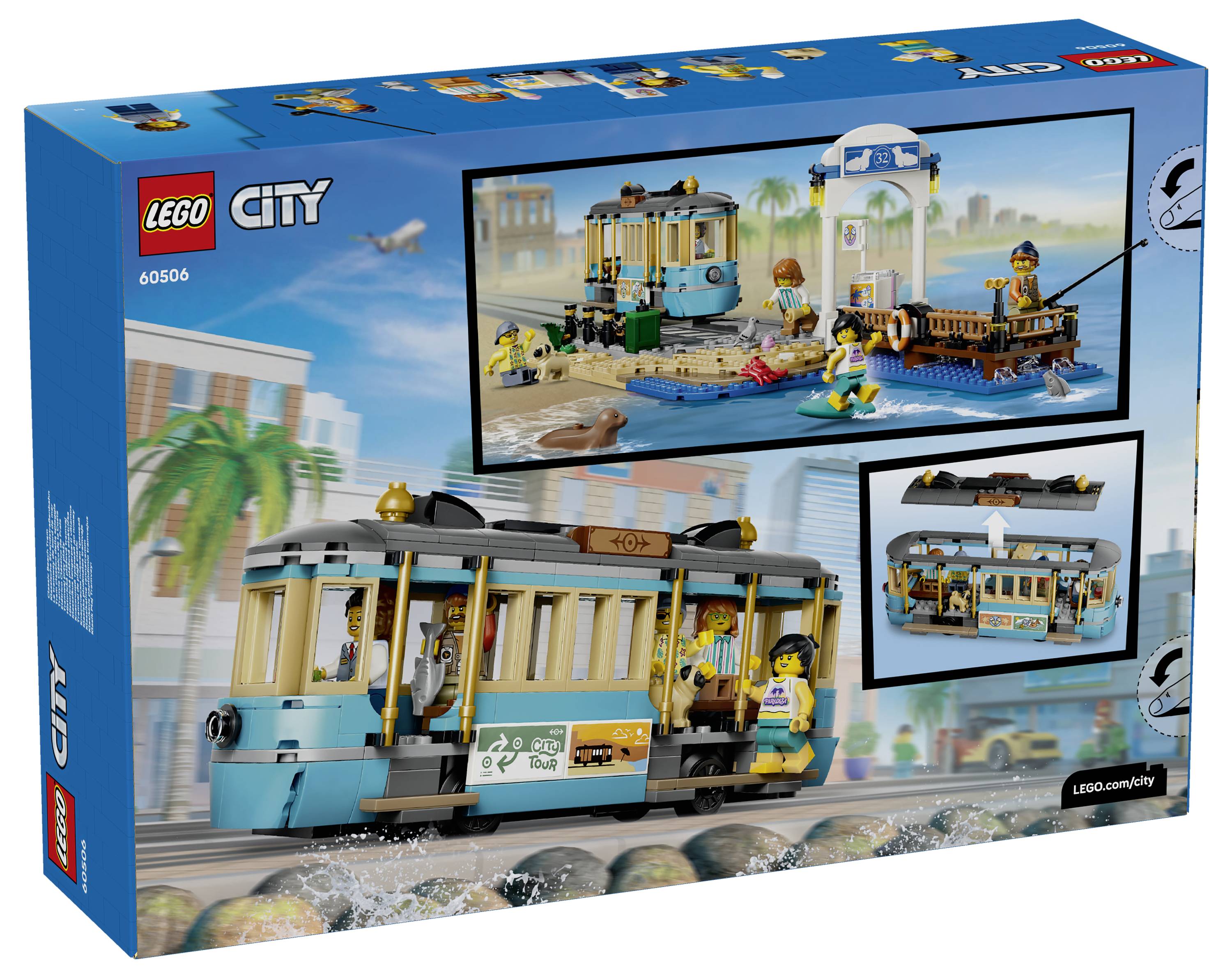 Krabice LEGO City pro sadu plovoucího tramvaje s modro-krémovou tramvají zobrazující minifigurky, přístav a herní prvky na obalu.