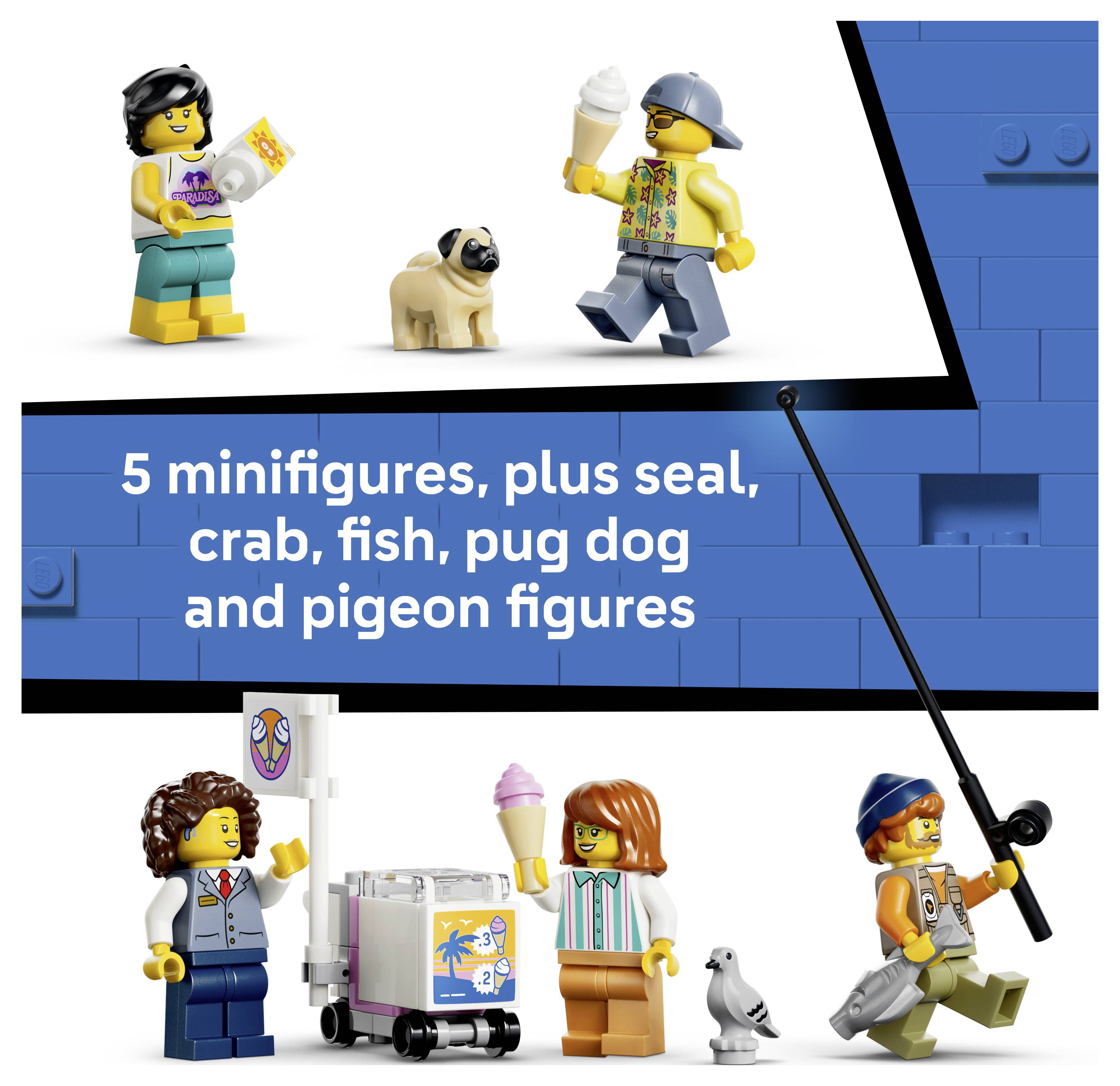 LEGO reklama zobrazující pět minifigurek se zvířátky - tuleněm, krabem, rybou, mopsem a holubem - kolem modrého displeje s textem „5 minifigurek, plus figurky tuleně, kraba, ryby, mopsa a holuba"
