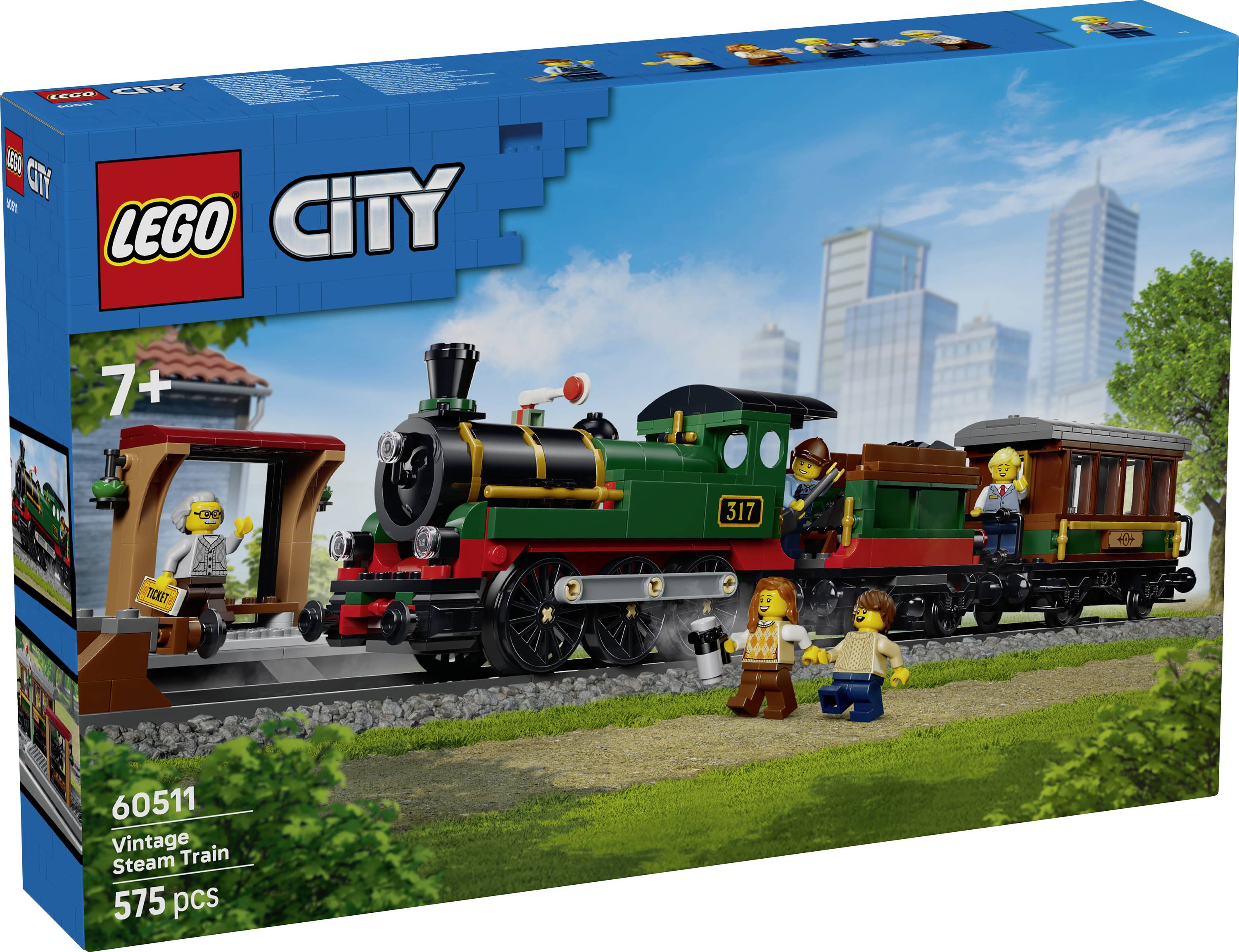 LEGO City "Vintage Steam Train" set box se zelenou parní lokomotivou s osobními vozy a minifigurkami, věk 7+, 575 dílků.