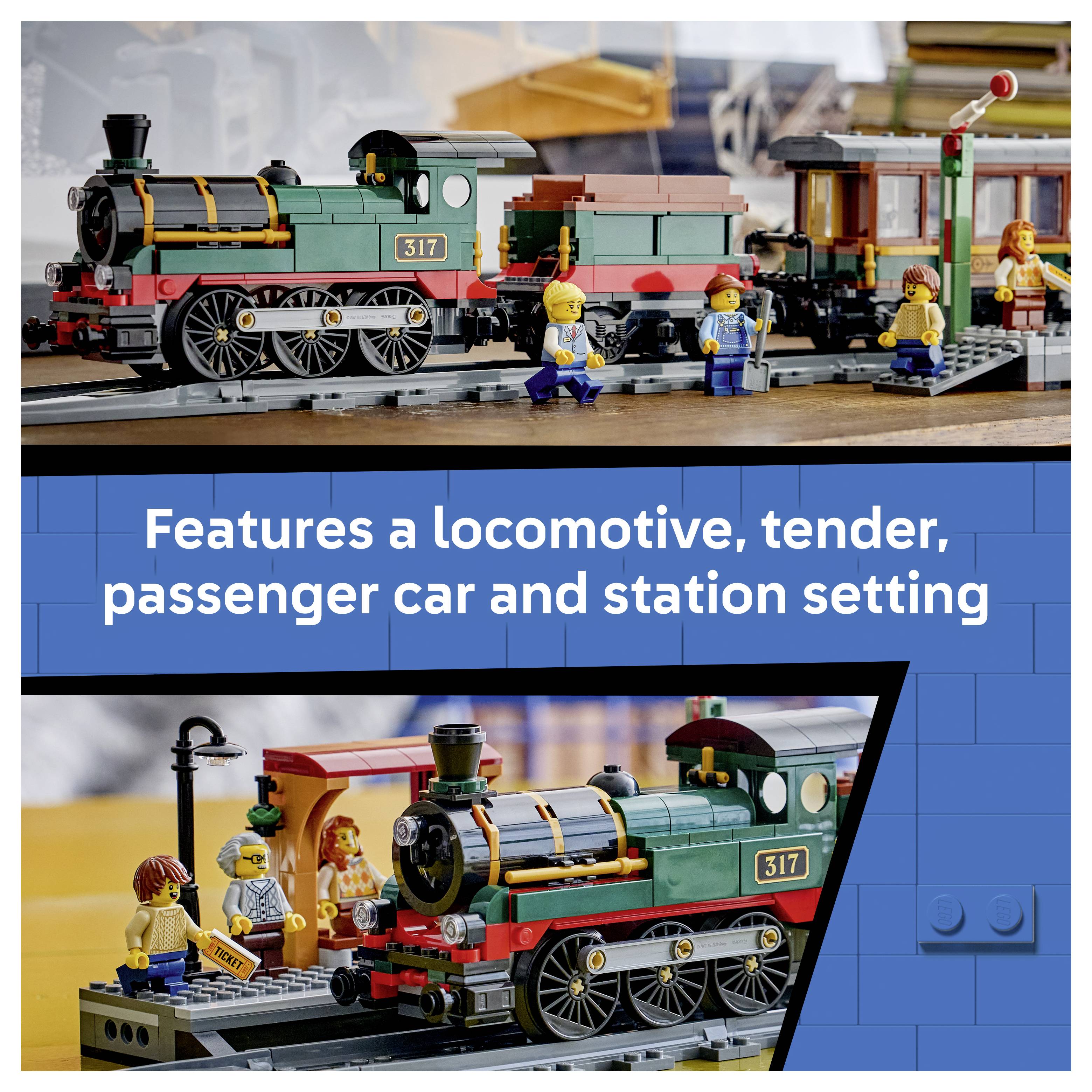 LEGO souprava vlaků s lokomotivou 317, tendrů, osobním vozem a scénou nádraží; popis zní „Obsahuje lokomotivu, tendre, osobní vůz a nastavení nádraží".