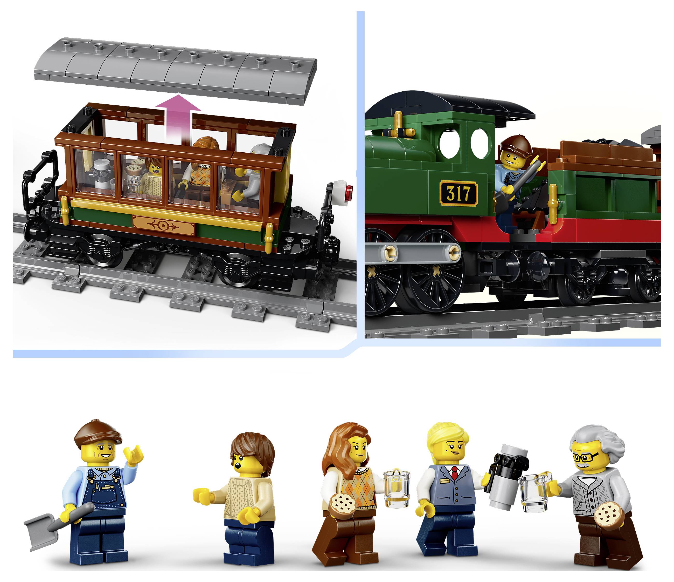 Sada LEGO vlaků zobrazující střechu cestovního vozu, který se zvedá, a zelenou parní lokomotivu číslo 317 s miniaturními figurkami, plus pět postav miniaturních figurek níže.