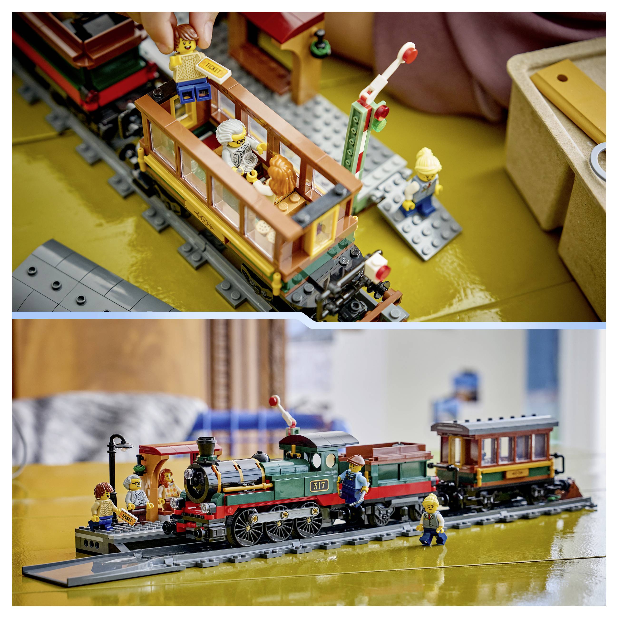 Dvě fotografie ukazují stavbu a vystavení modelu vlaku ve stylu LEGO na kolejích, s miniaturními cestujícími, lokomotivou a železničními pracovníky kolem.