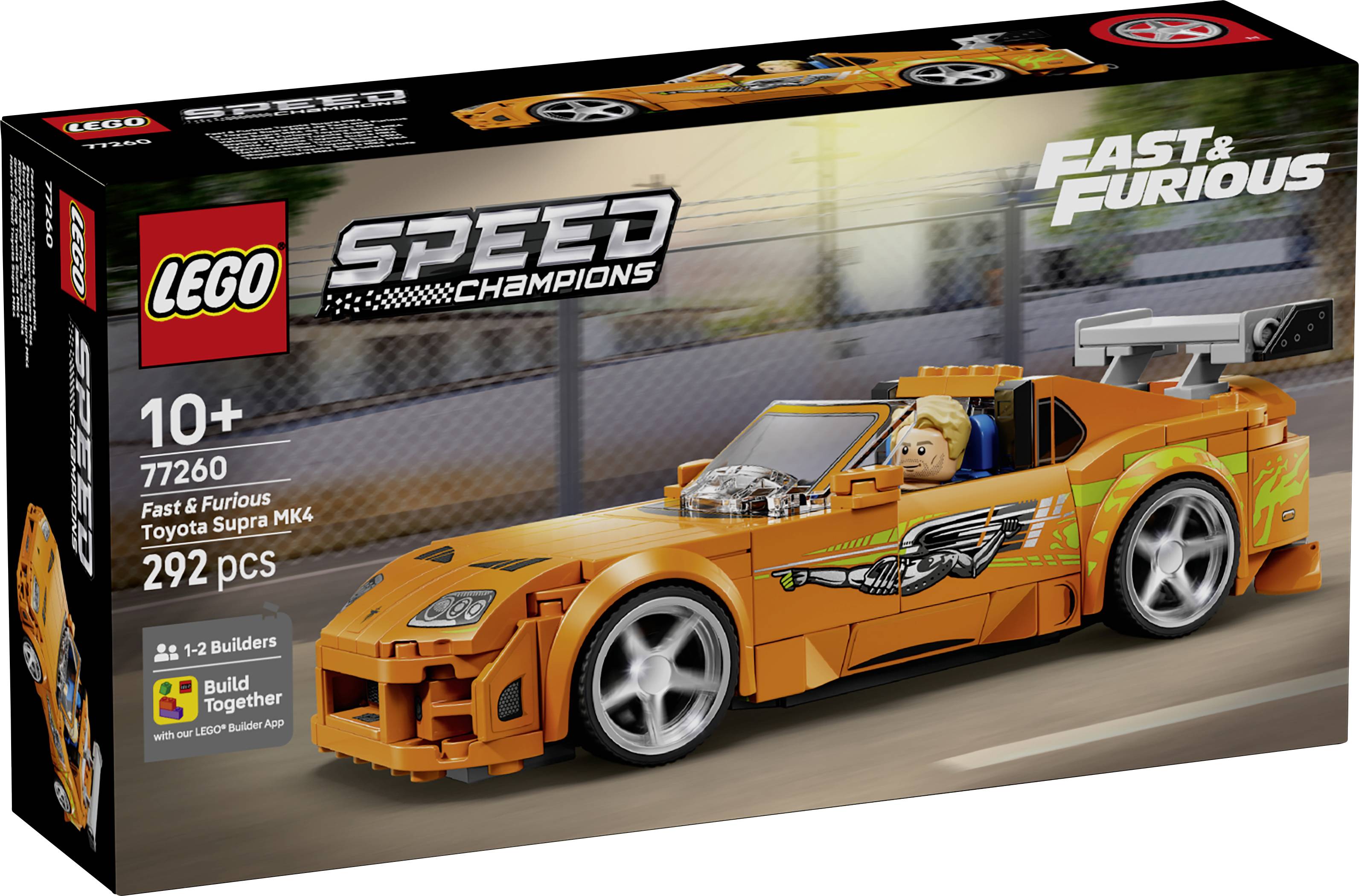 LEGO Speed Champions Fast & Furious Toyota Supra MK4 sada v krabici, 10+, 292 dílků, zobrazující oranžový závodní automobil s figurkou řidiče.