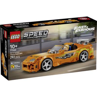 LEGO Speed Champions Fast & Furious Toyota Supra MK4 sada v krabici, 10+, 292 dílků, zobrazující oranžový závodní automobil s figurkou řidiče.