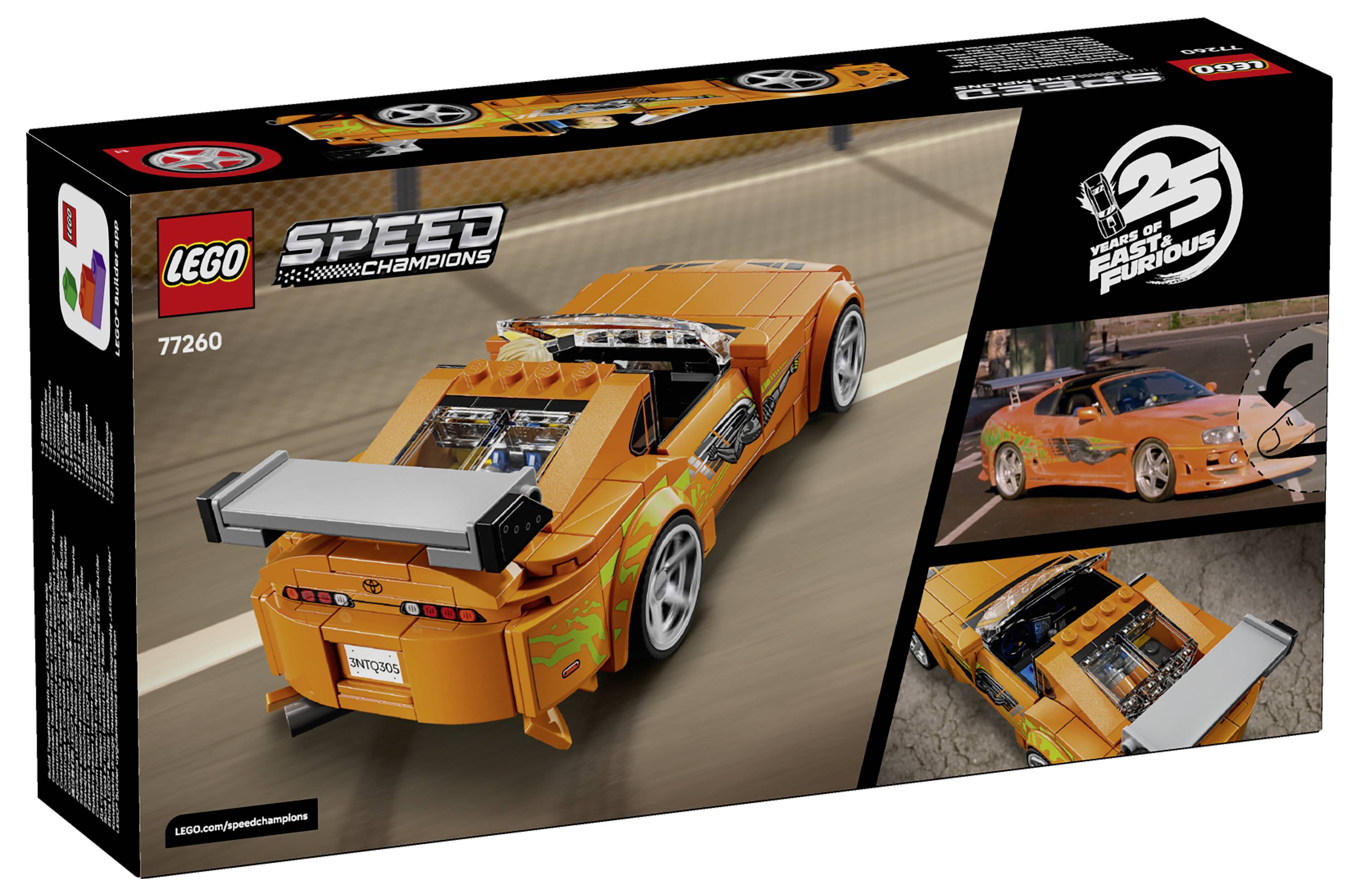 LEGO Speed Champions '2 Fast 2 Furious' sada 77260 s krabicí zobrazující model oranžového sportovního vozu s velkou zadní přední částí a závodními nálepkami.