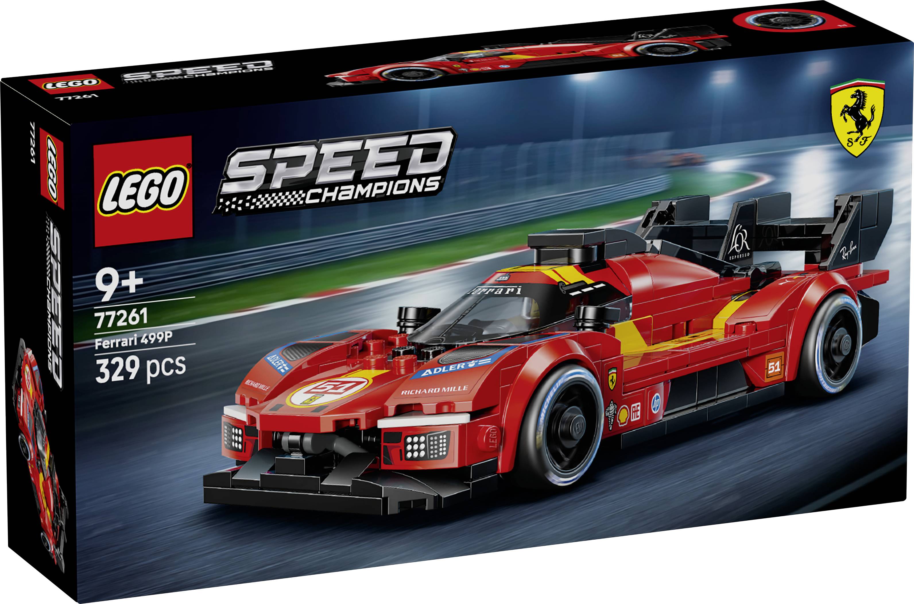 LEGO Speed Champions Ferrari 499P sada hraček v krabici zobrazující červený závodní vůz, věk 9+, sada 77261, 329 dílů.
