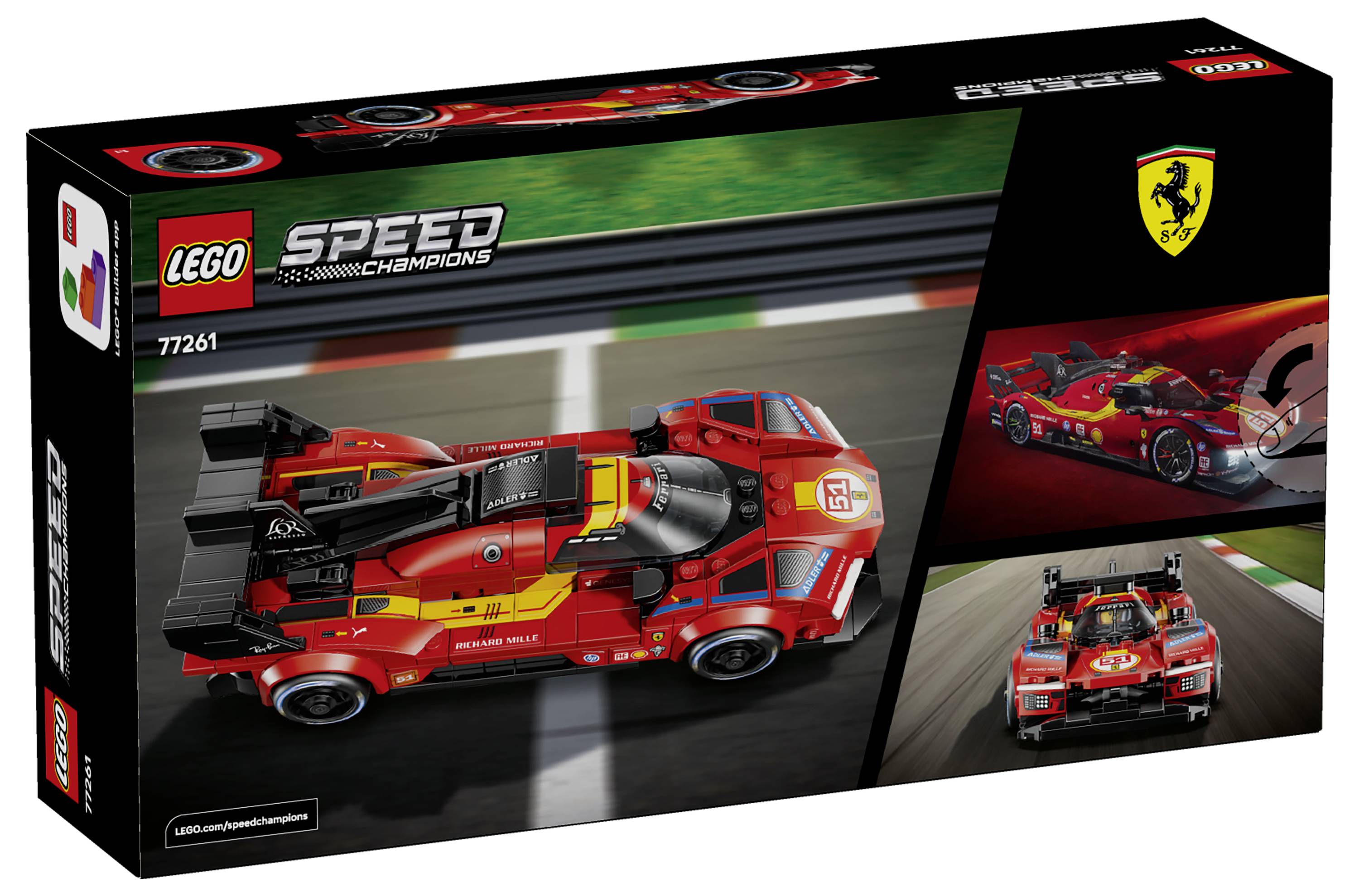 LEGO Speed Champions sada závodního vozu Ferrari zobrazující červený vůz Ferrari ve stylu Formule 1, s menšími akčními obrázky vpravo a logem Ferrari.
