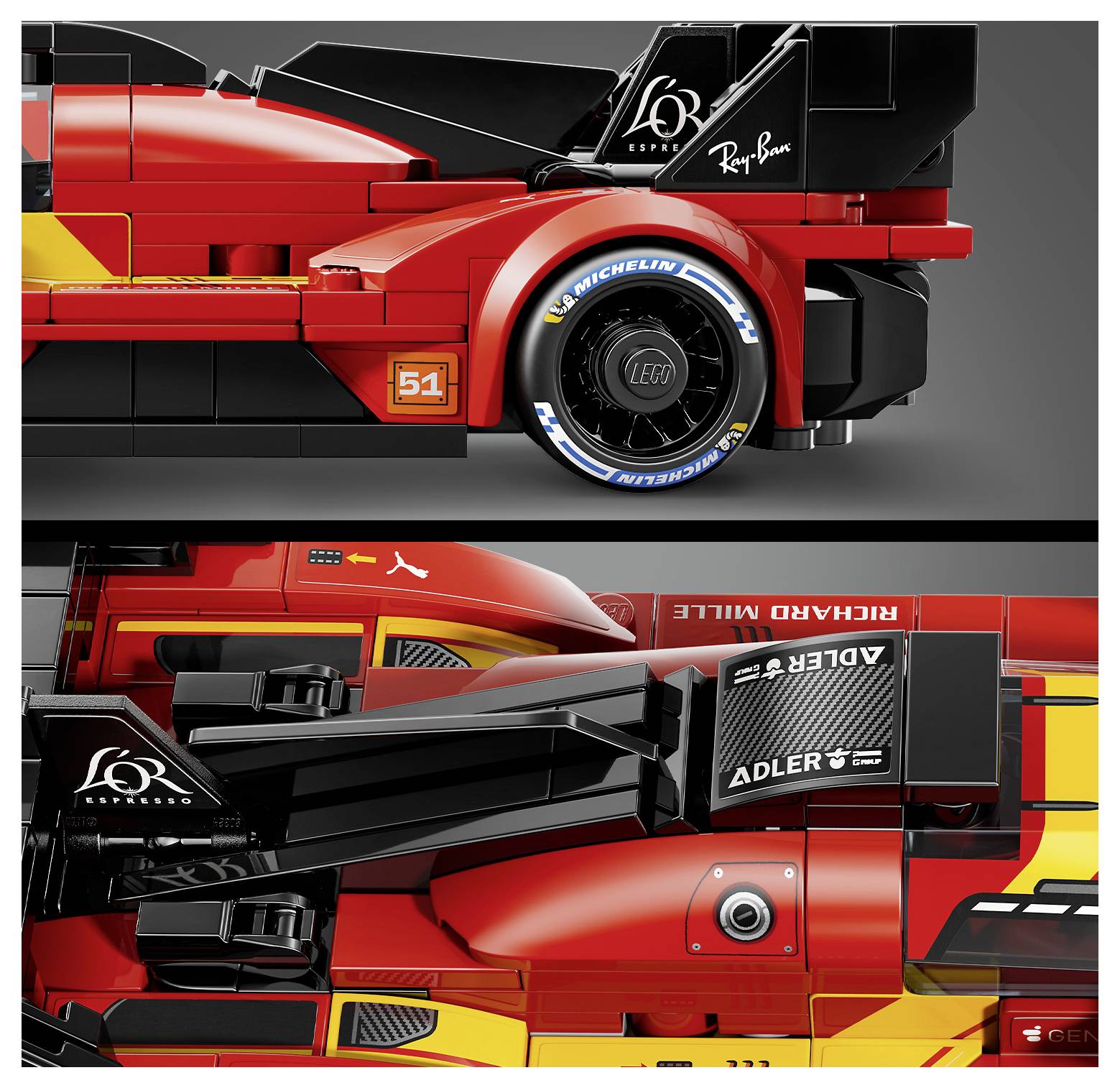 Dva pohledy na červený model závodního vozu LEGO Formule 1 s černými aerodynamickými křídly a sponzorskými nápisy, zobrazený z boku a shora