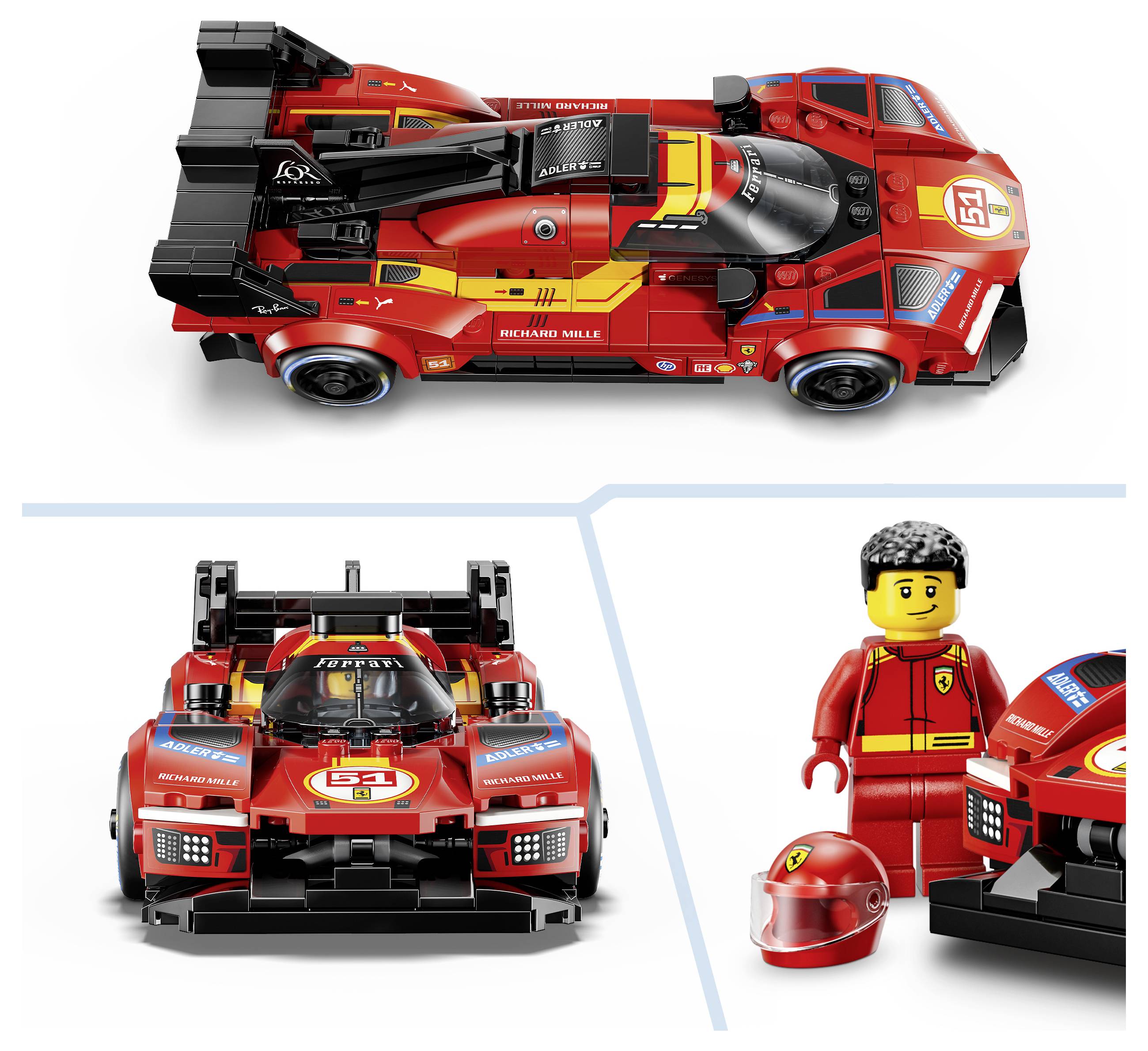 LEGO Ferrari závodní auto zobrazené zeshora a zepředu, plus minifigurka a přilba; červeno-černá závodní souprava na bílém pozadí.