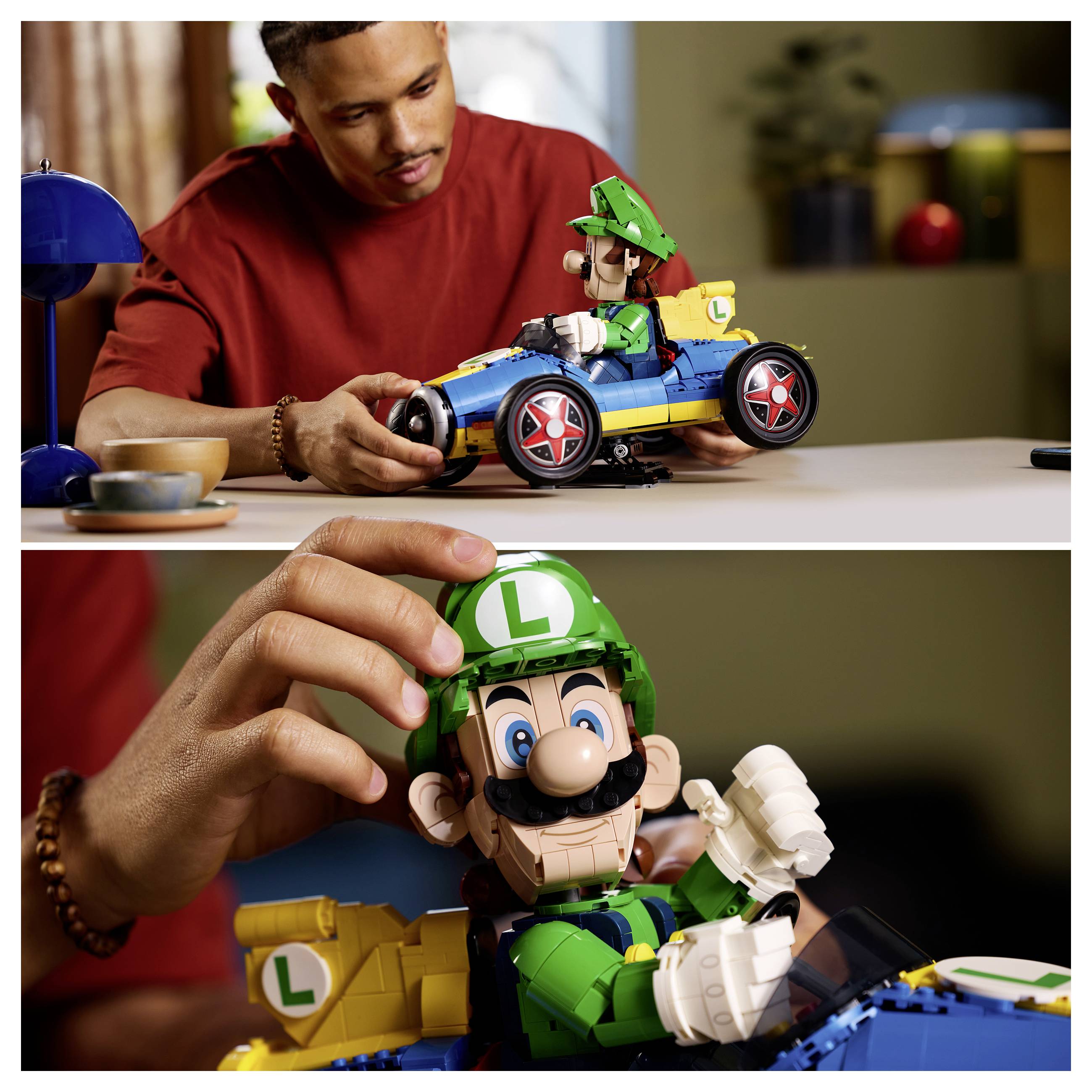 Osoba skládající LEGO hračku autem Luigi, s detailním záběrem na figurku Luigi upravovanou rukou.