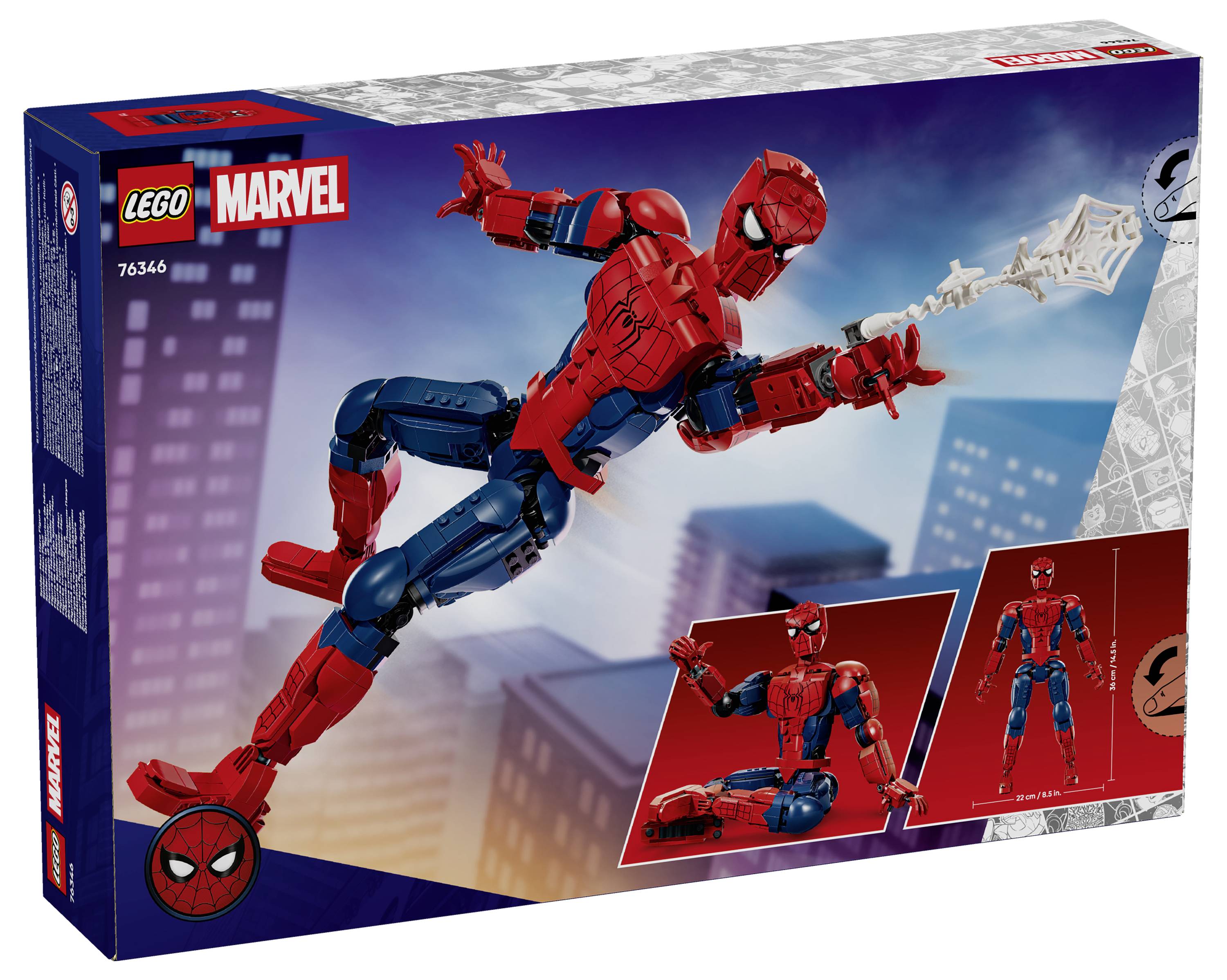 LEGO Marvel Spider-Man stavebnice v krabici znázorňující Spider-Mana houpajícího se skrz město, s číslem sady 76346 a obrázky minifigurek.