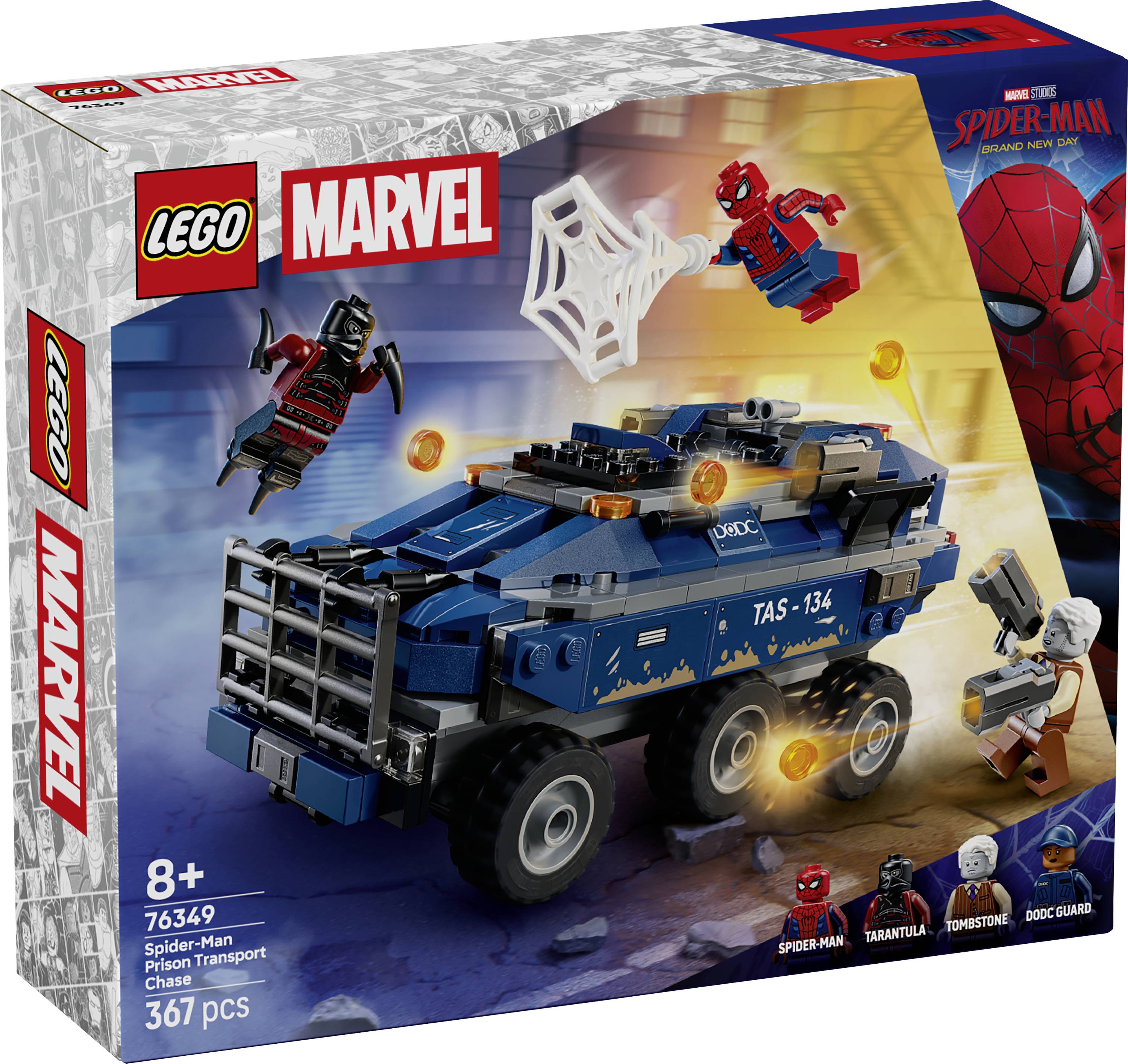 Sada LEGO Marvel Spider-Man s transportem zobrazující obrněný modrý vězňovský vůz, Spider-Mana plétajícího padoucha do sítě a zahrnuté minifigurky.