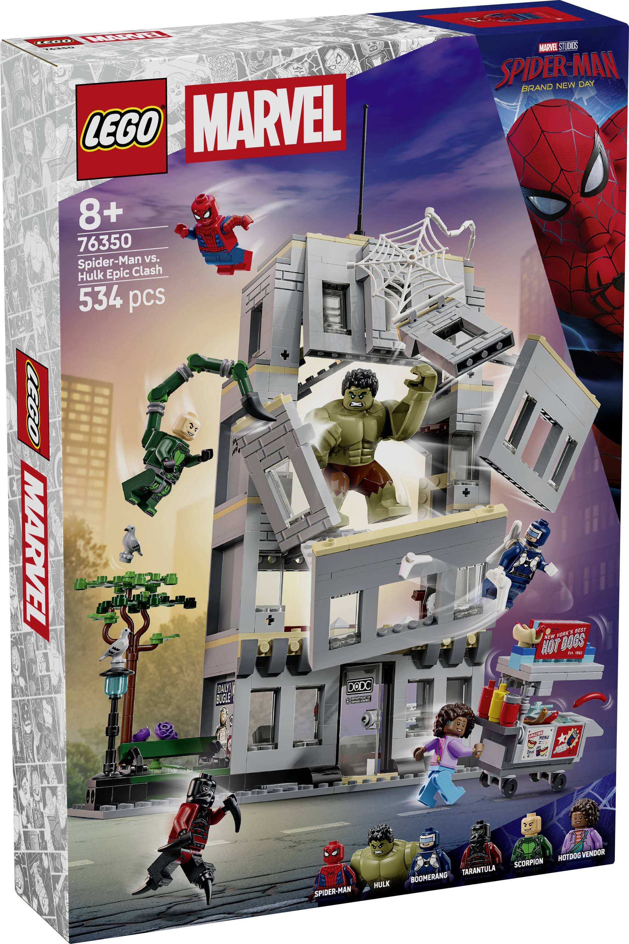 Stavebnicová sada LEGO Marvel Spider-Man vs. Hulk Epic Clash, obal zobrazující scénu bitvy se zříceninou budovy s pavoučím mužem, Hulkem a dalšími minifigurkami; 534 dílků, věk 8+.