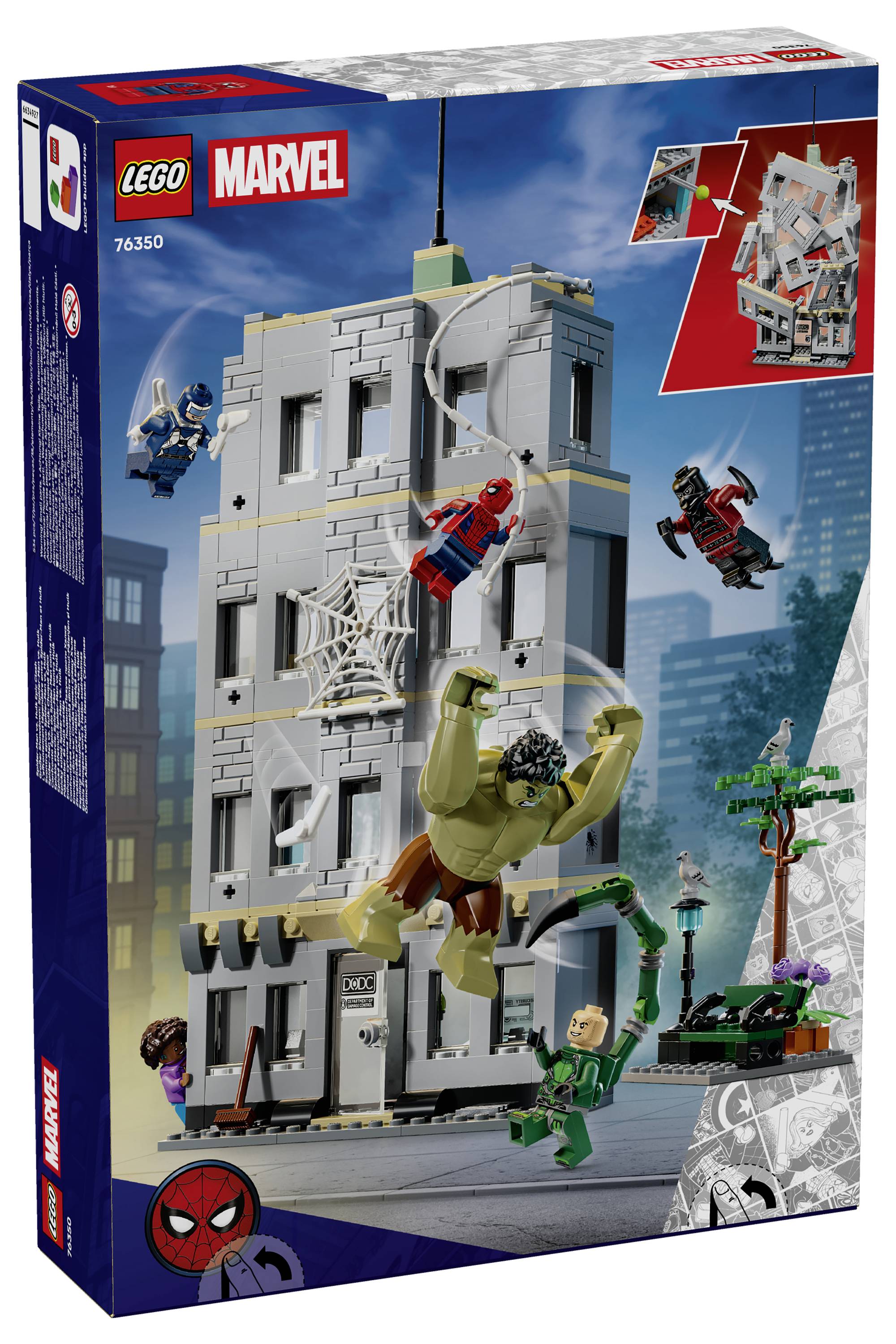 Krabice sady LEGO Marvel Spider-Man zobrazující Hulka, který demoluje budovu, zatímco se Spider-Man, Iron Spider, Green Goblin a další údajné postavy střetávají kolem ní.