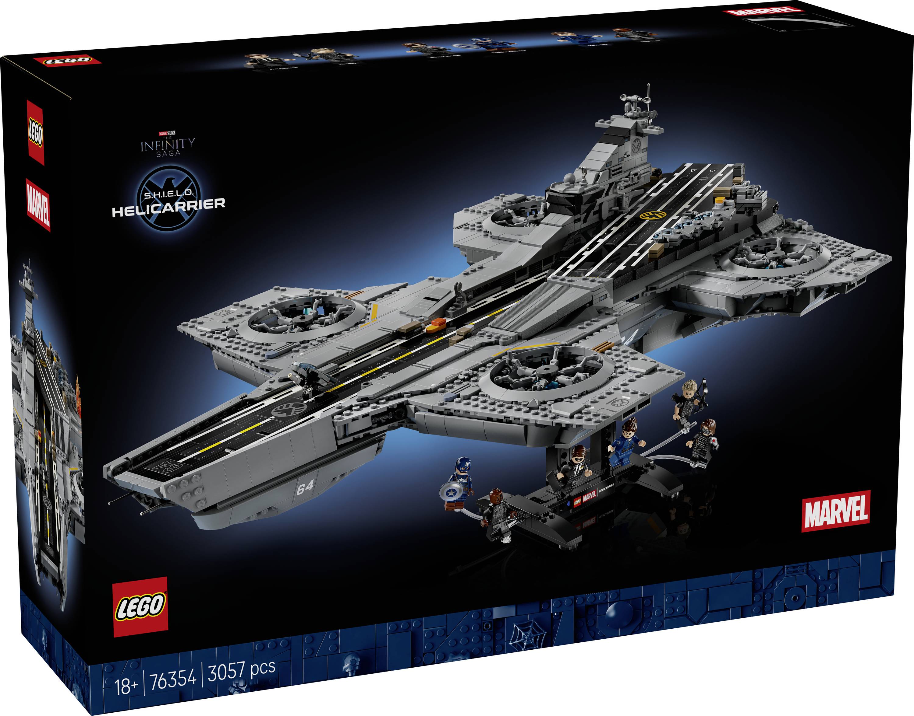 LEGO Marvel Infinity Saga sada „SHIELD Helicarrier" s obalem zobrazujícím velký šedý model letadlové lodi, 18+, 3057 dílků, sada 76295.
