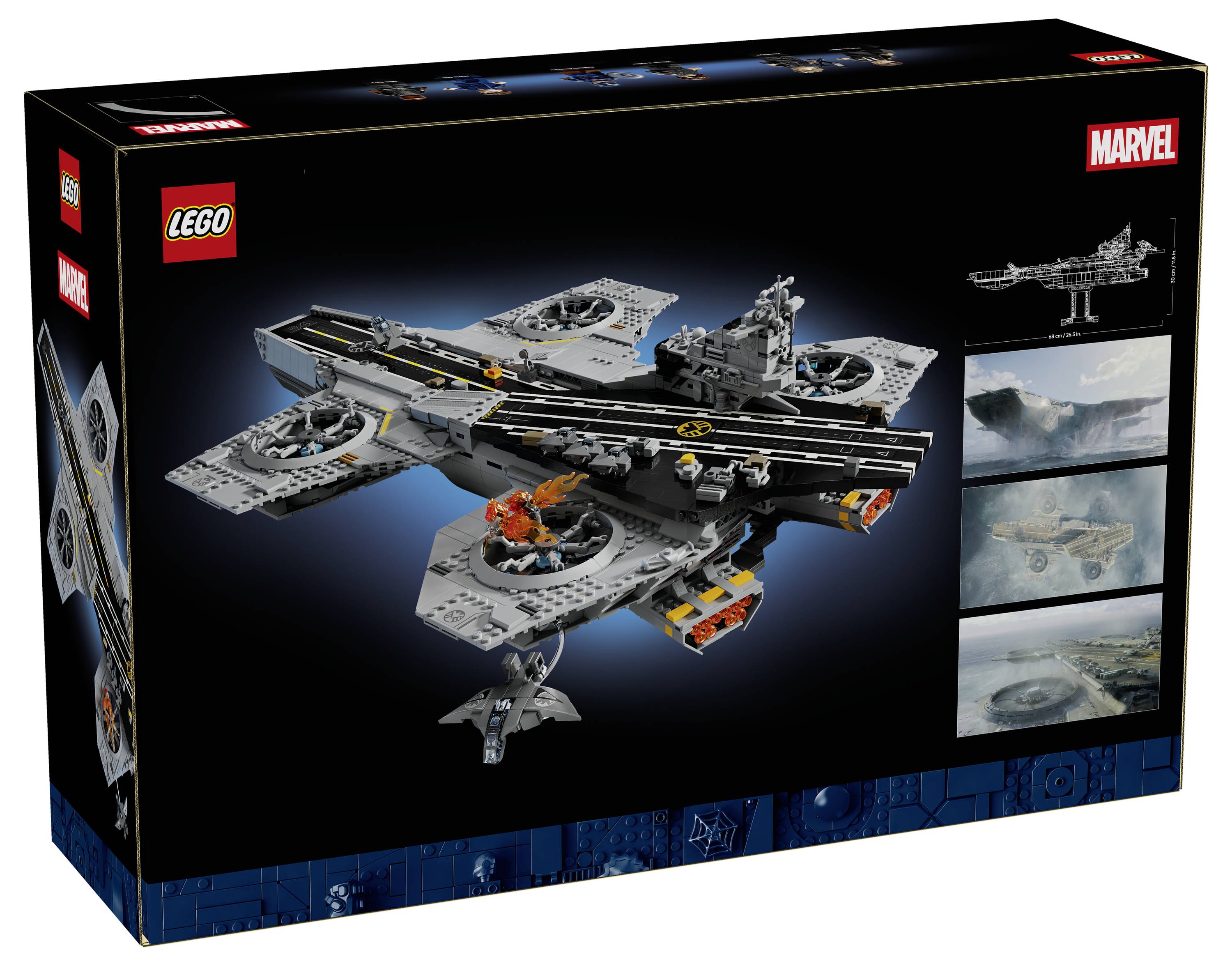LEGO Marvel krabice zobrazující velkou šedou letadlovou loď/sadu na hrách s létajícími letadly a malým letadlem na černém balení.