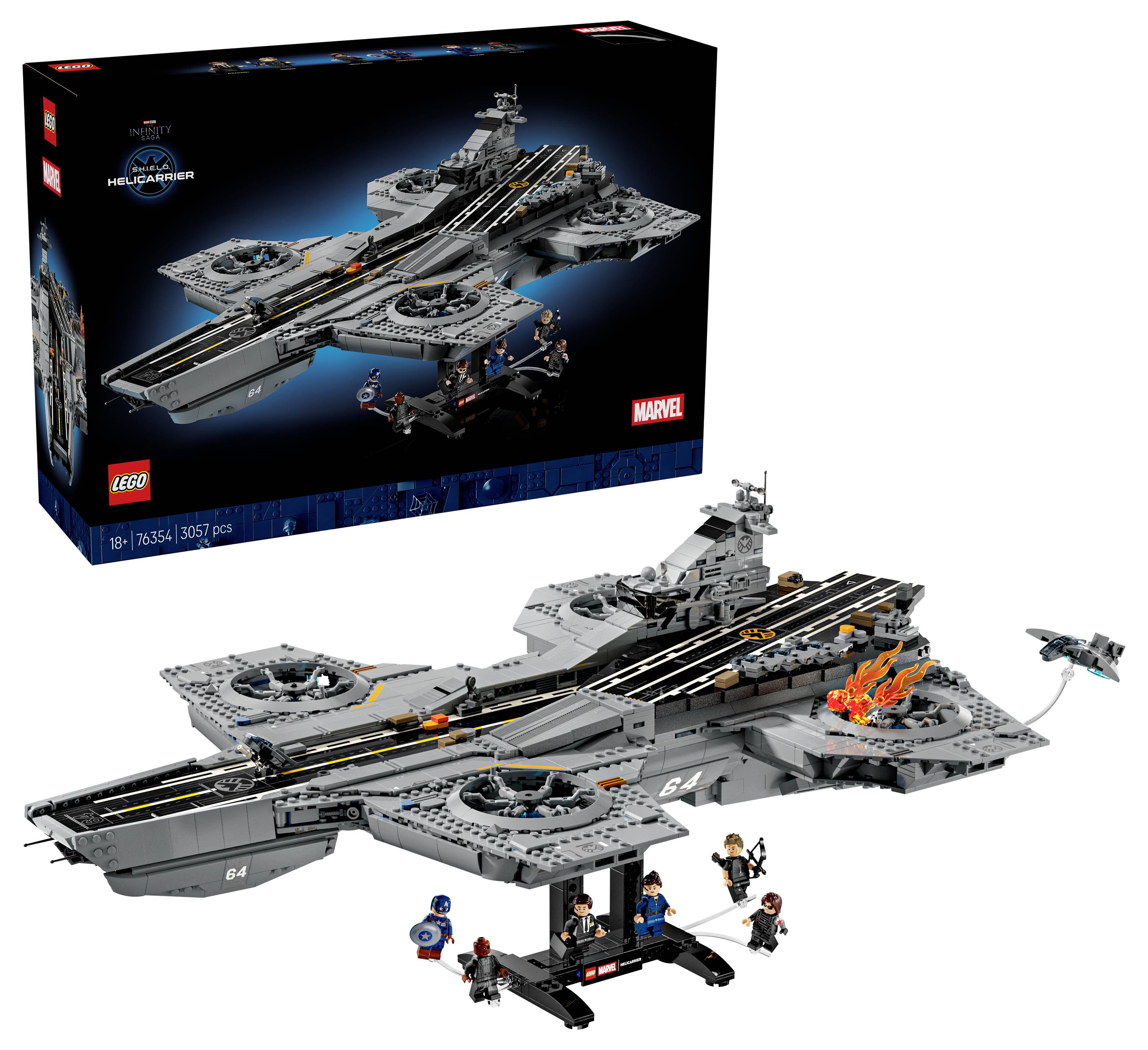 LEGO Marvel SHIELD Letoun set s krabicí a postaveným modelem, ukazující velký šedý letoun s minifigurkami a malým stíhacím letounem.