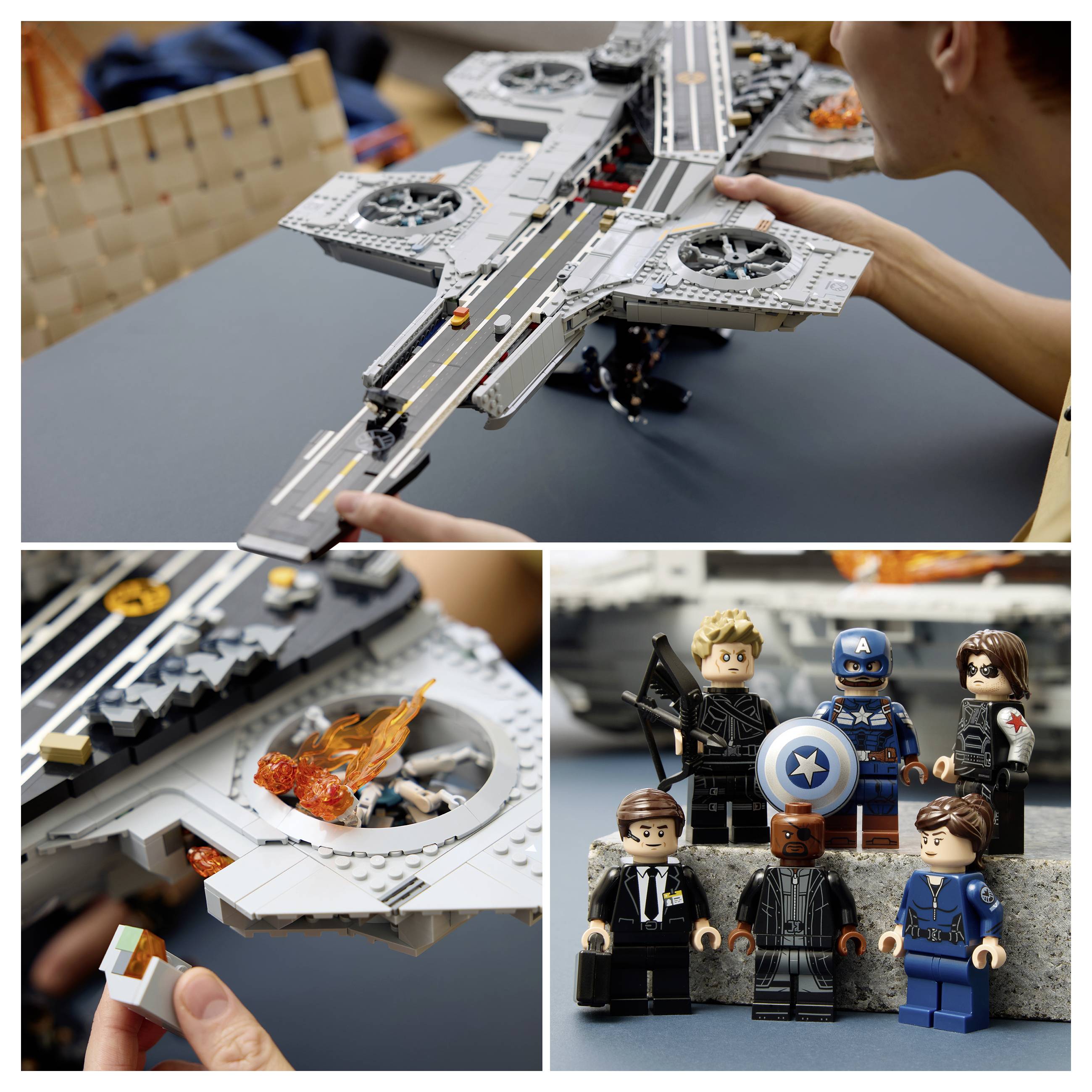 Koláž staveb z LEGO: osoba skládající vesmírnou loď, detailní záběr na detail hořícího motoru a skupina superherojských minifigurek pózujících spolu.