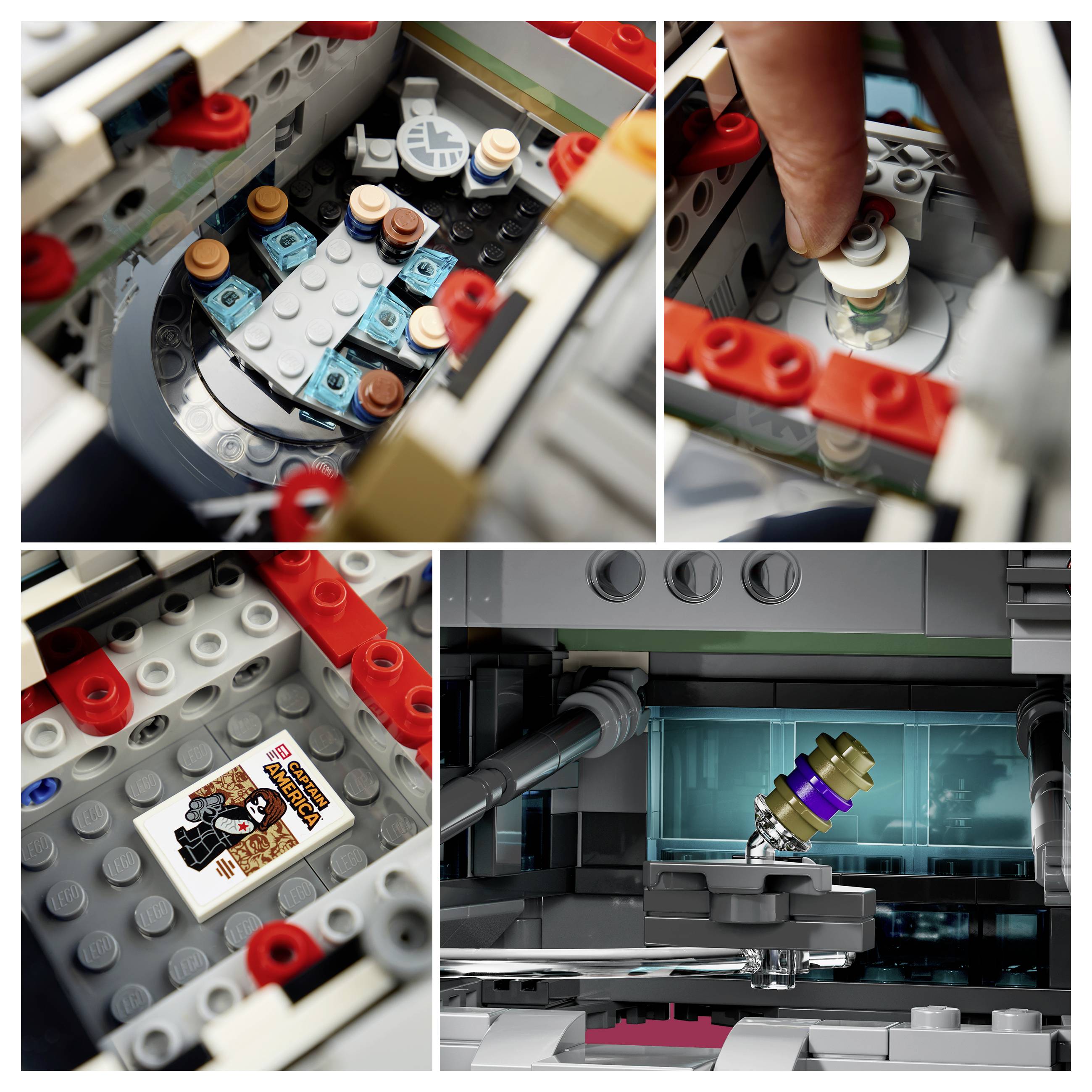 Koláž stavby LEGO Star Wars: ruka stiskuje minifigurku uvnitř interiéru šedo-červené lodi s malou nálepkou "Mandalorián" a modrě osvětleným oddílem motoru.