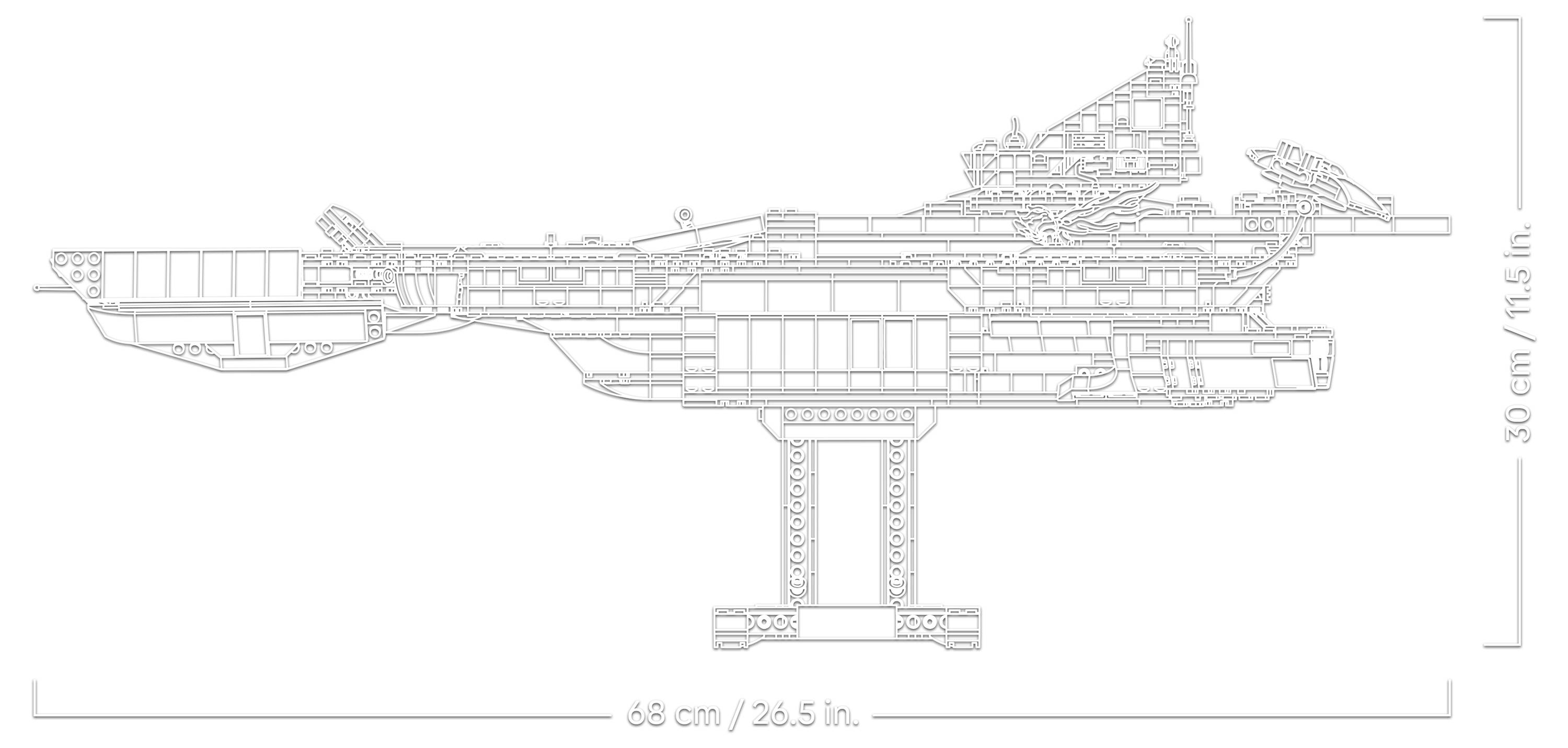 Technický diagram velkého modelu letadlové lodi zobrazeného v bočním pohledu s rozměry označenými 68 cm (26,5 palců) na délku a 30 cm (11,5 palců) na výšku.