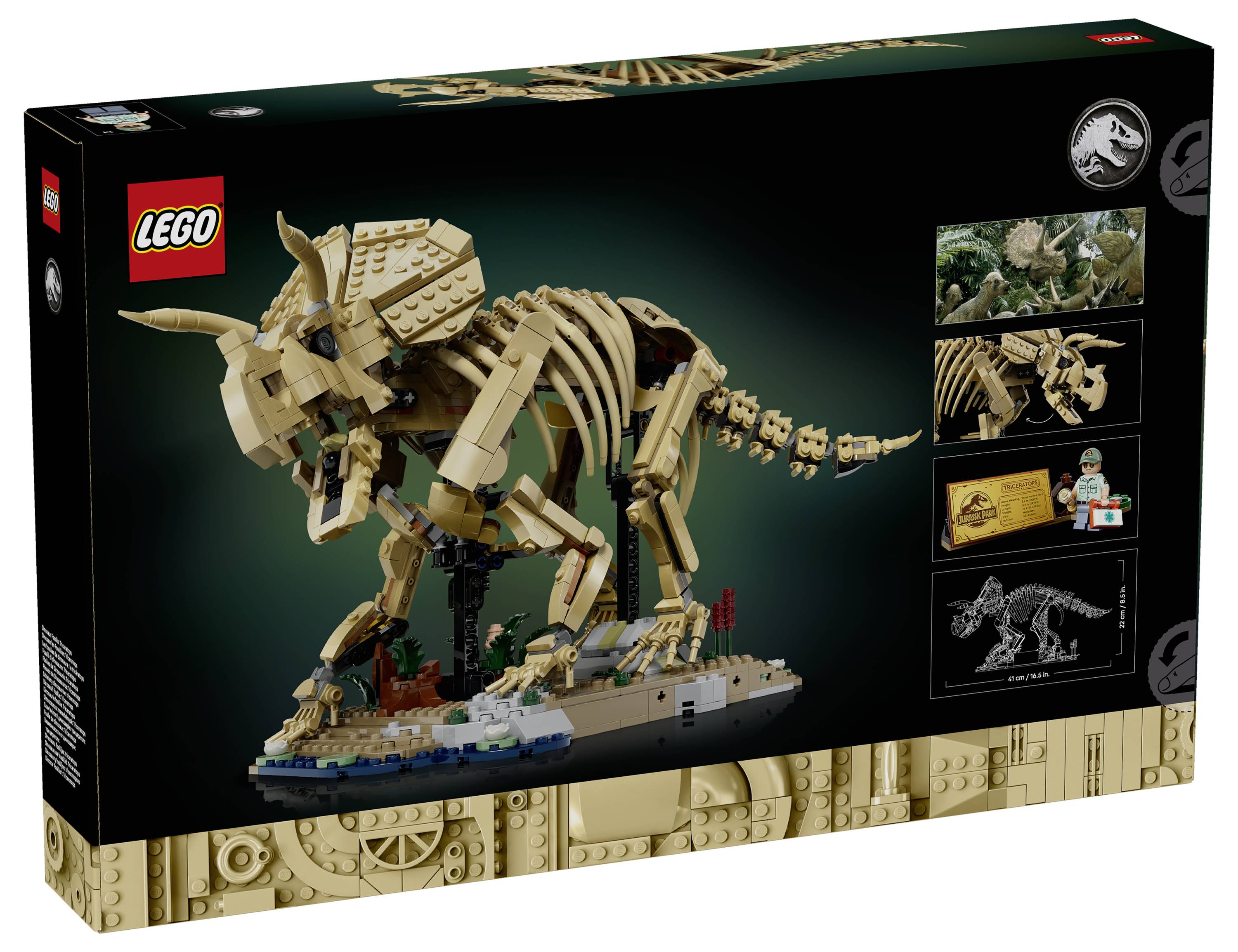 Krabice stavebnice kostry dinosaura LEGO Jurassic World obsahující kostru béžového Triceratopse na stojanech s obrázky produktu a logem LEGO.