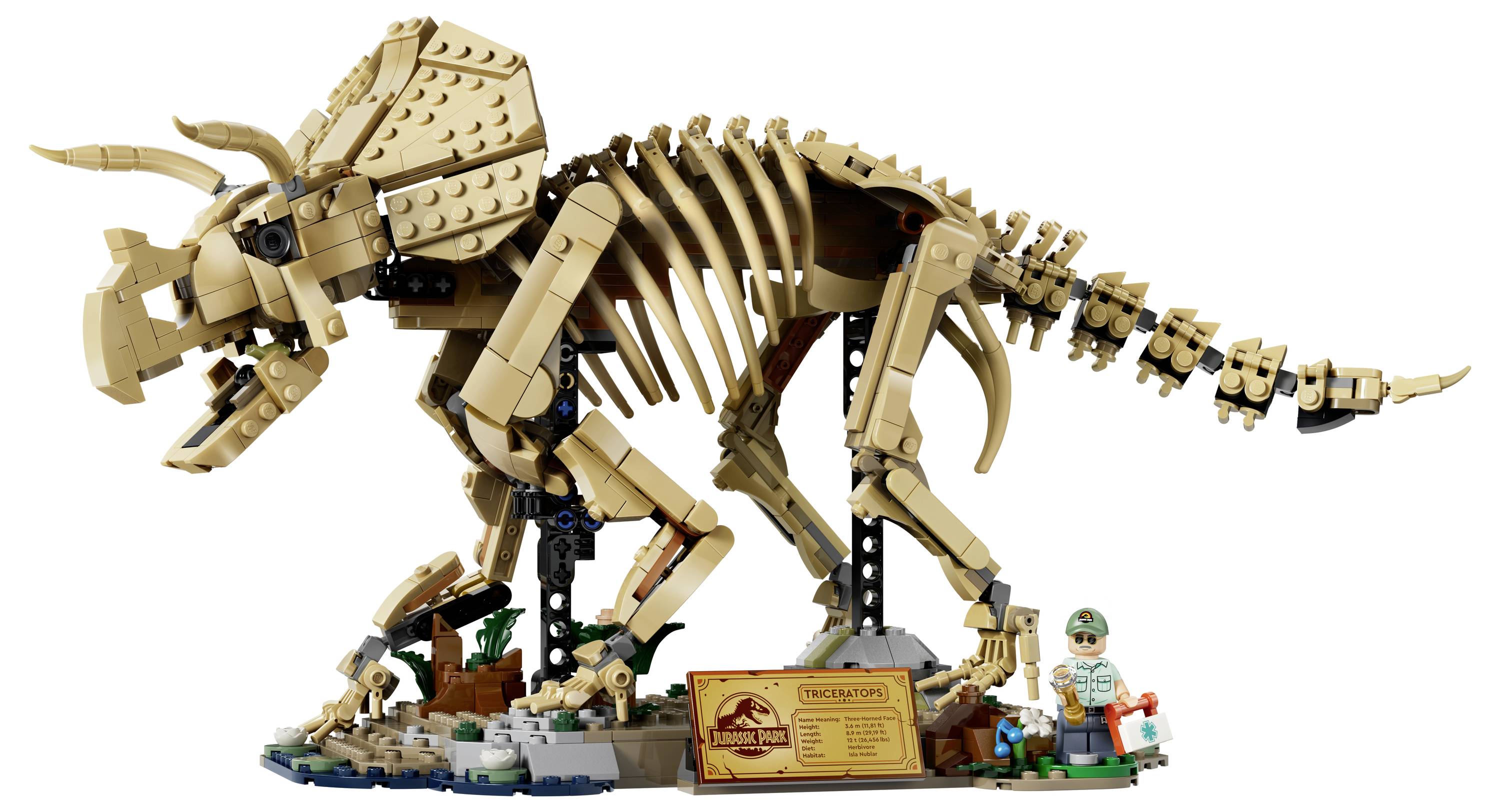 Kostru dinosaura LEGO triceratops v pozici na展示podstavci s malou figurkou a plakátkou ve stylu muzea.