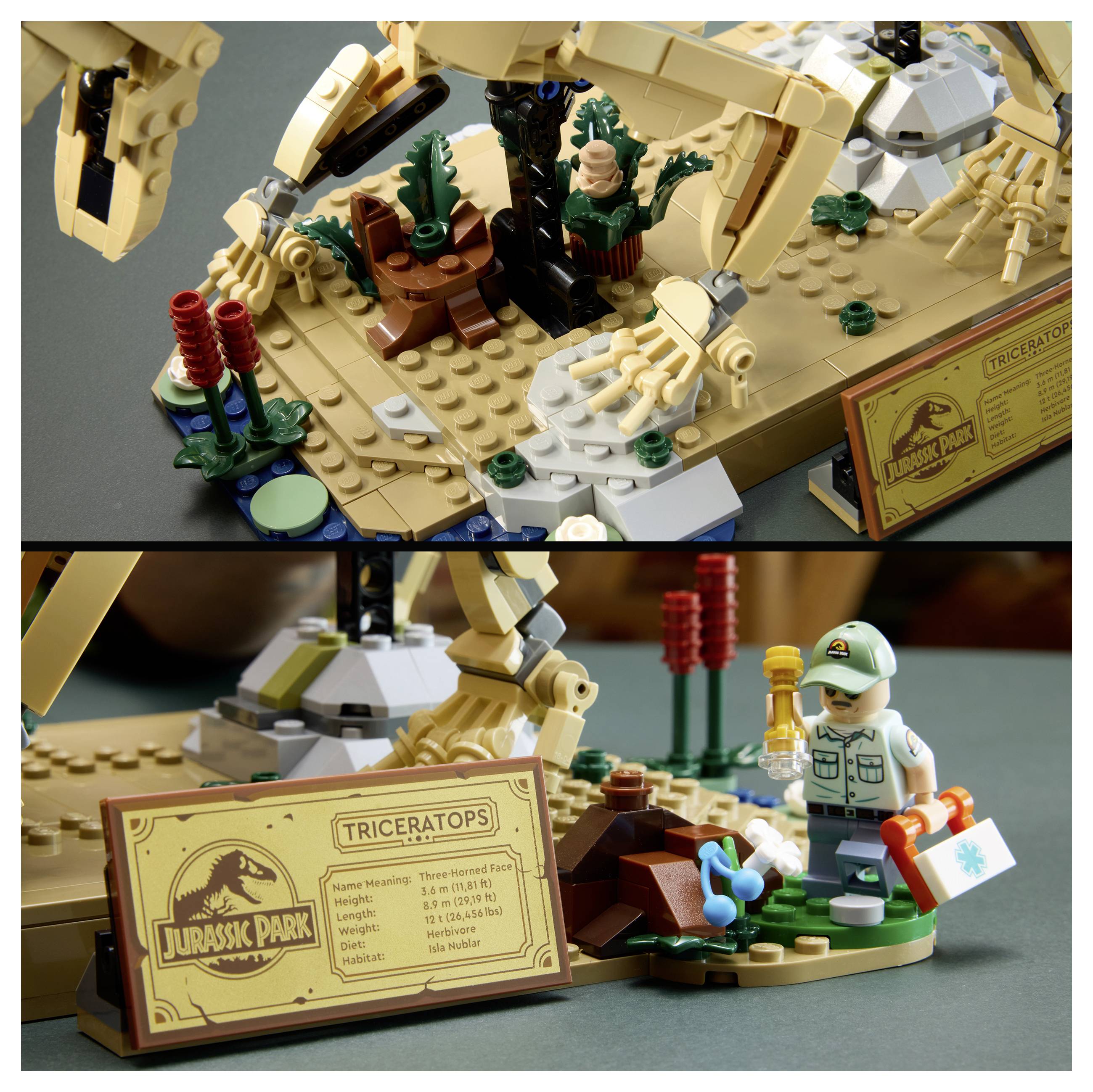 LEGO Jurský park scéna s trixeratopsem v barvě písečné, rostlinností a minifigurkou držící lékárničku vedle informační tabulky.