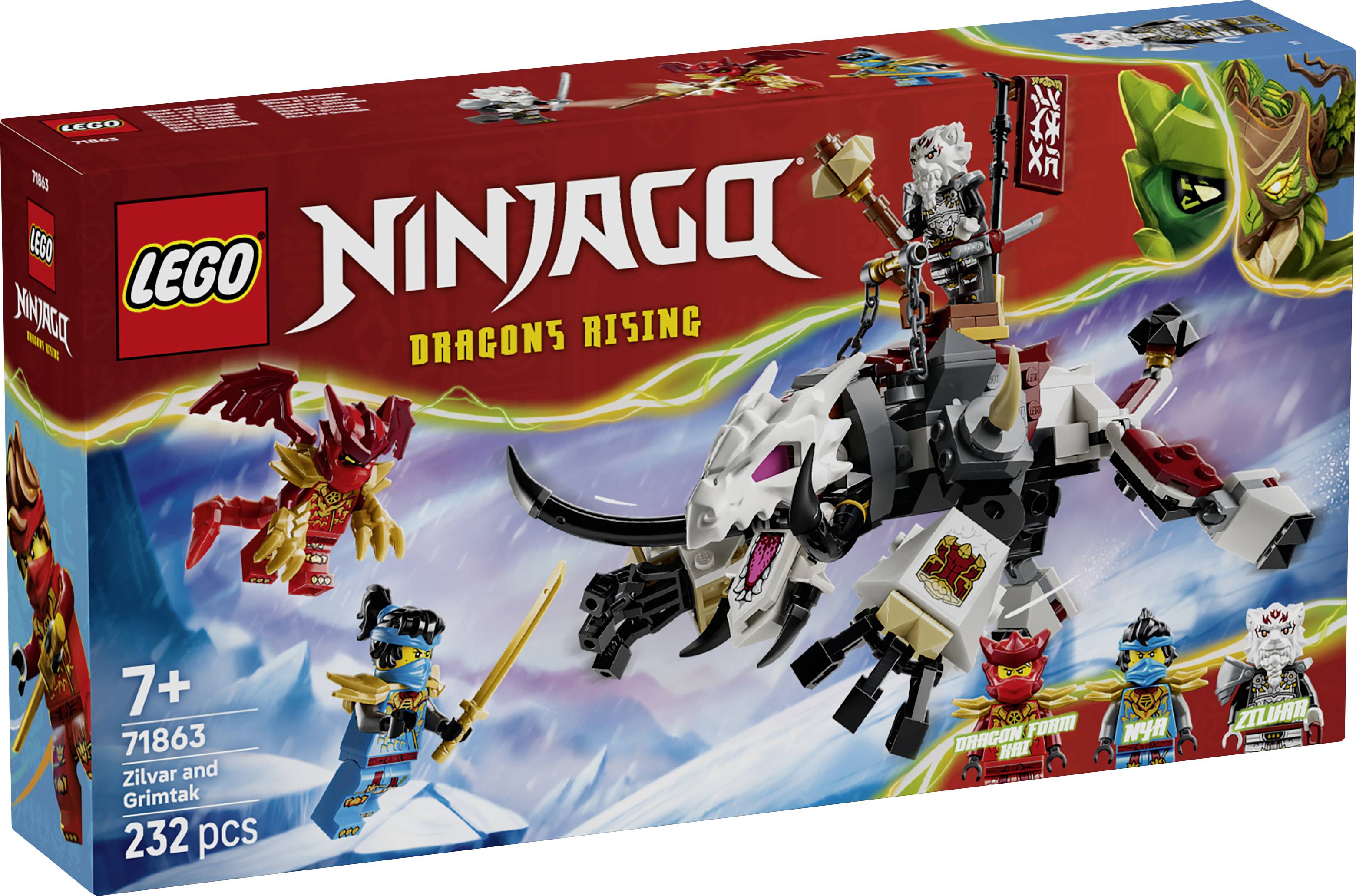 LEGO Ninjago Dragons Rising Zivlar a Grimtak sada z balení, zobrazující dva ninja minifigurky bojující o bílého draka; 232 dílků, věk 7+.