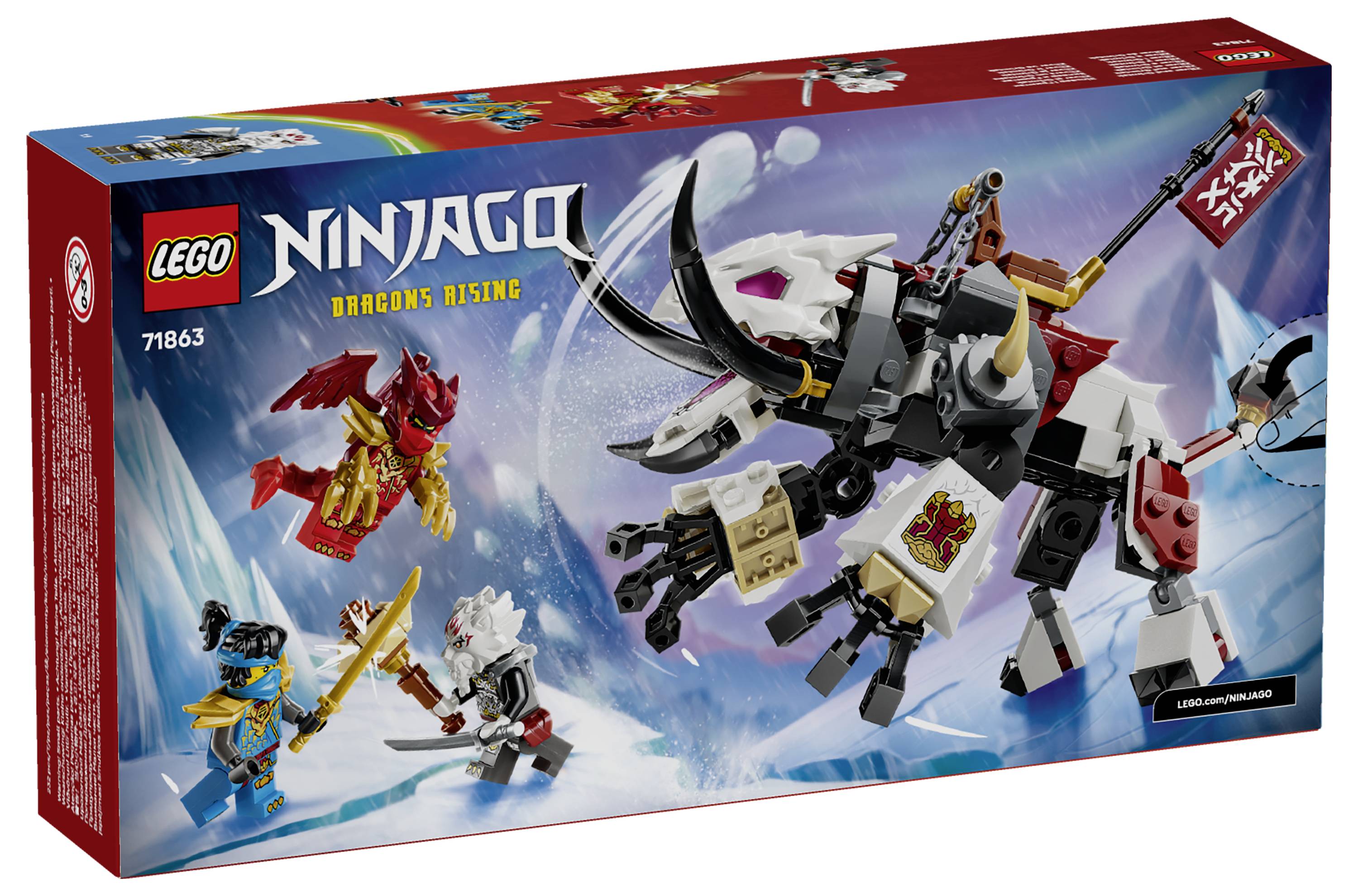 Sada LEGO NINJAGO Dragons Rising s obálkou obsahující obřího černobílého draka a tři figurky ninja v bojové poloze, sada 71863.